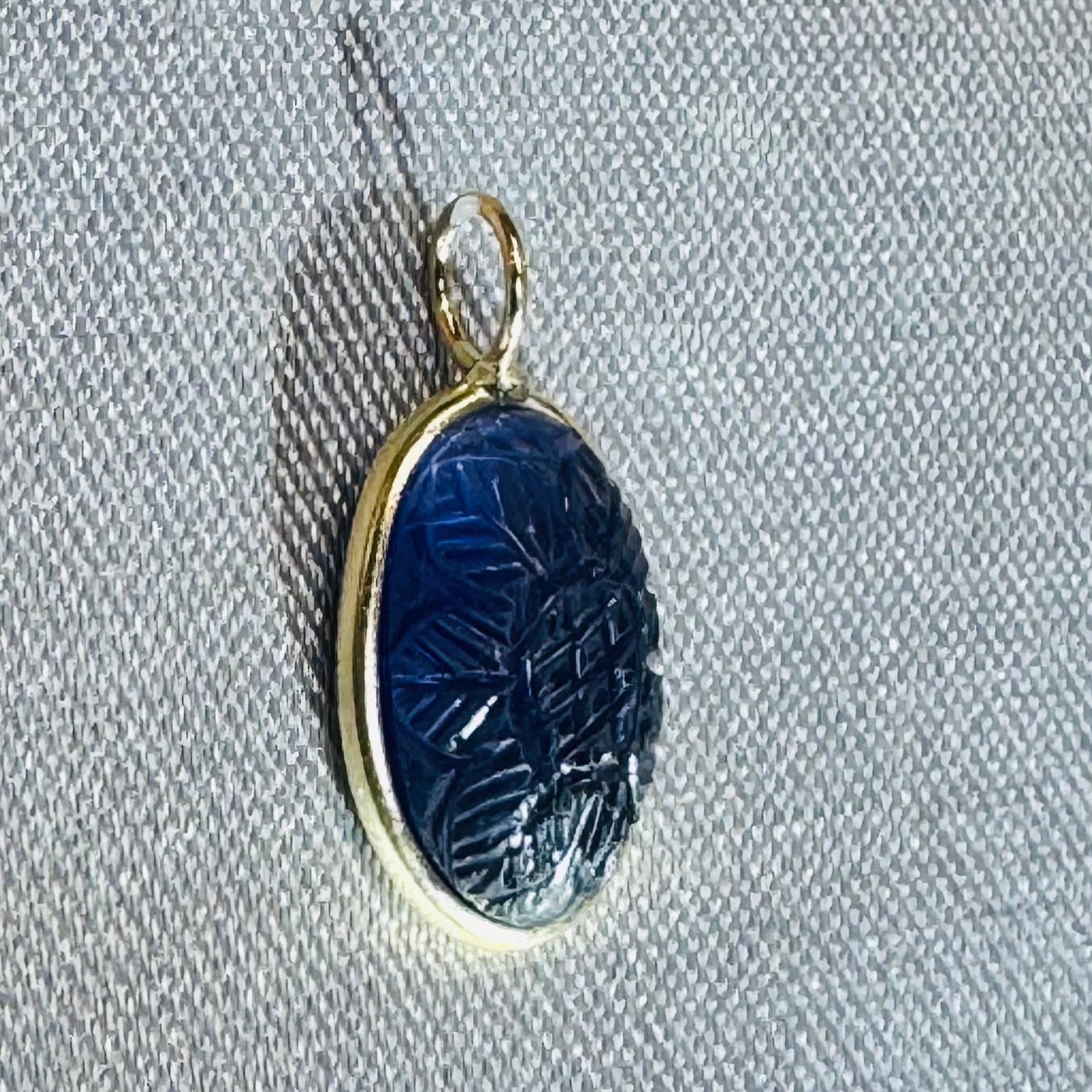 Carved Blue Iolite Pendant 14K Yellow Gold