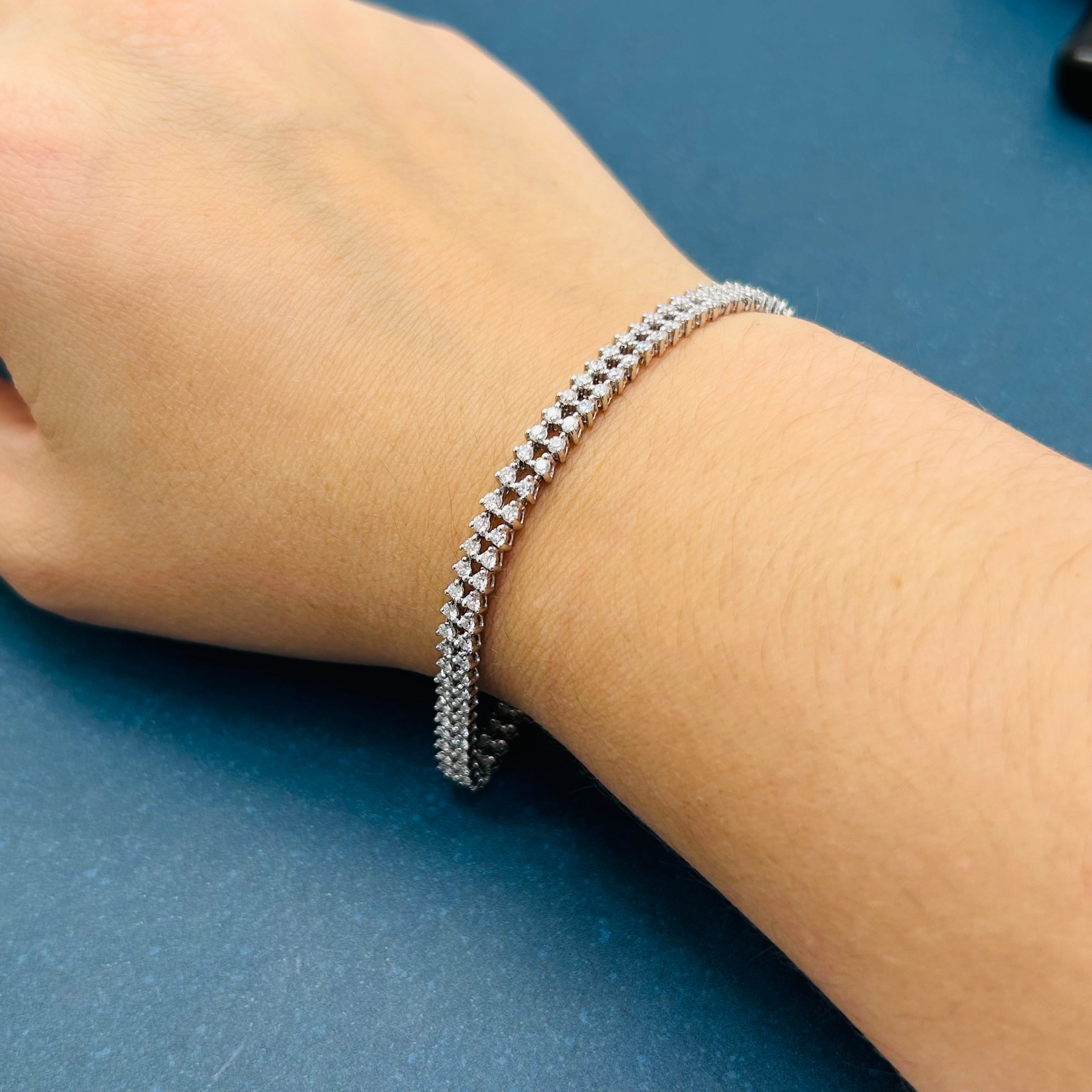 14K White Gold Natural Double Diamond Row Tennis Bracelet 7”
