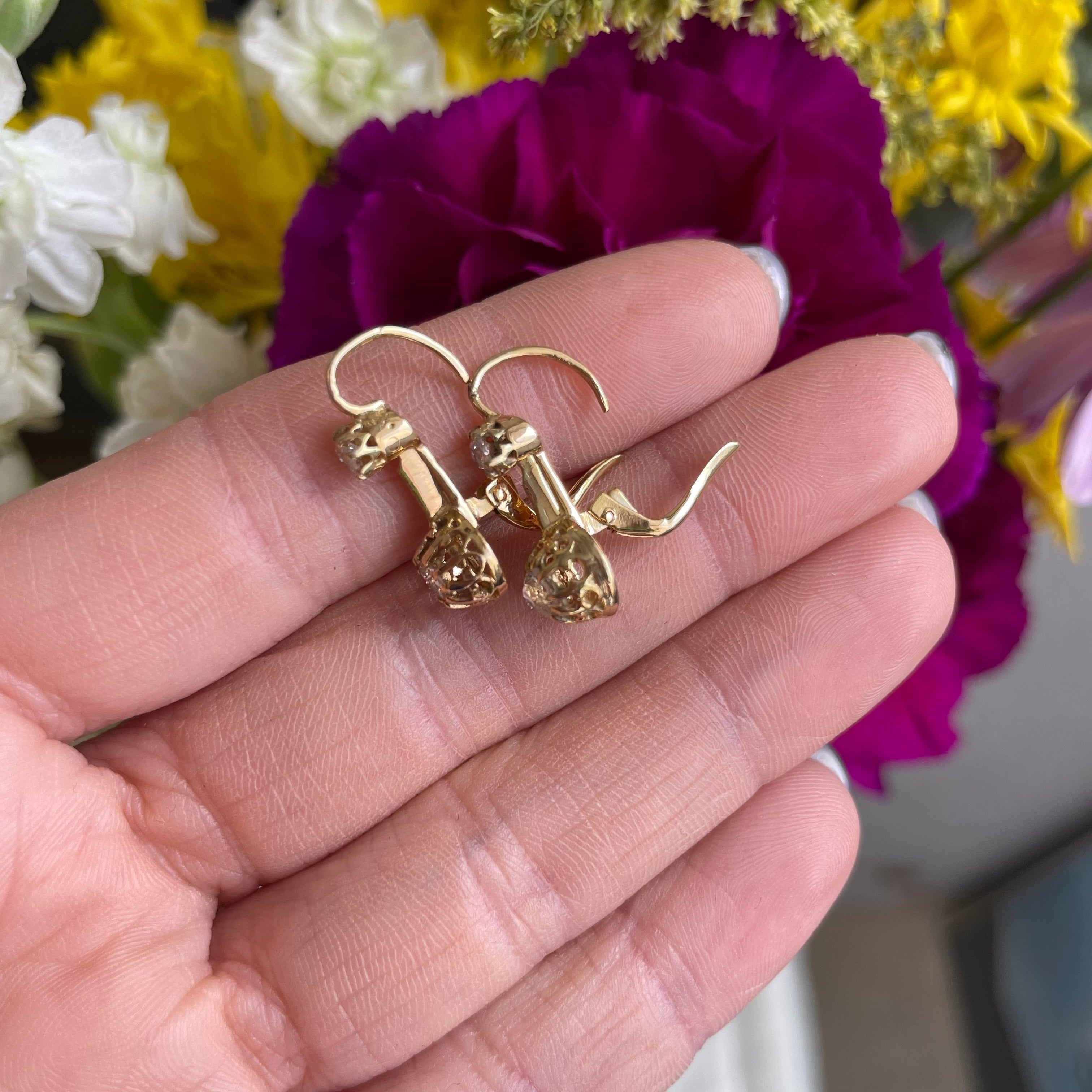 Old Mine Cut Diamond 18K Yellow Gold Antique Victorian Leverback Earrings