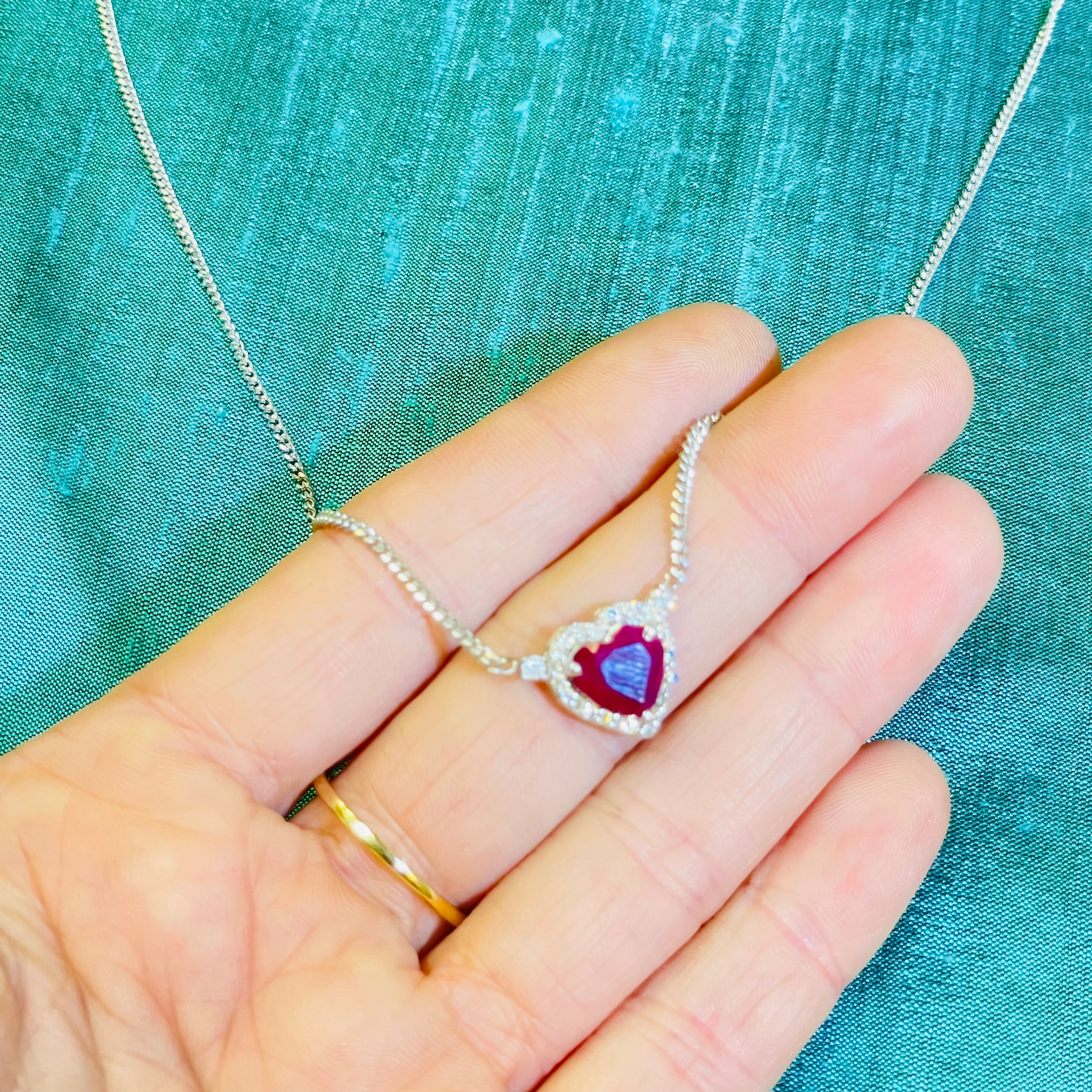2CT Natural Ruby and Diamond Halo Heart 14K White Gold Solitaire Necklace