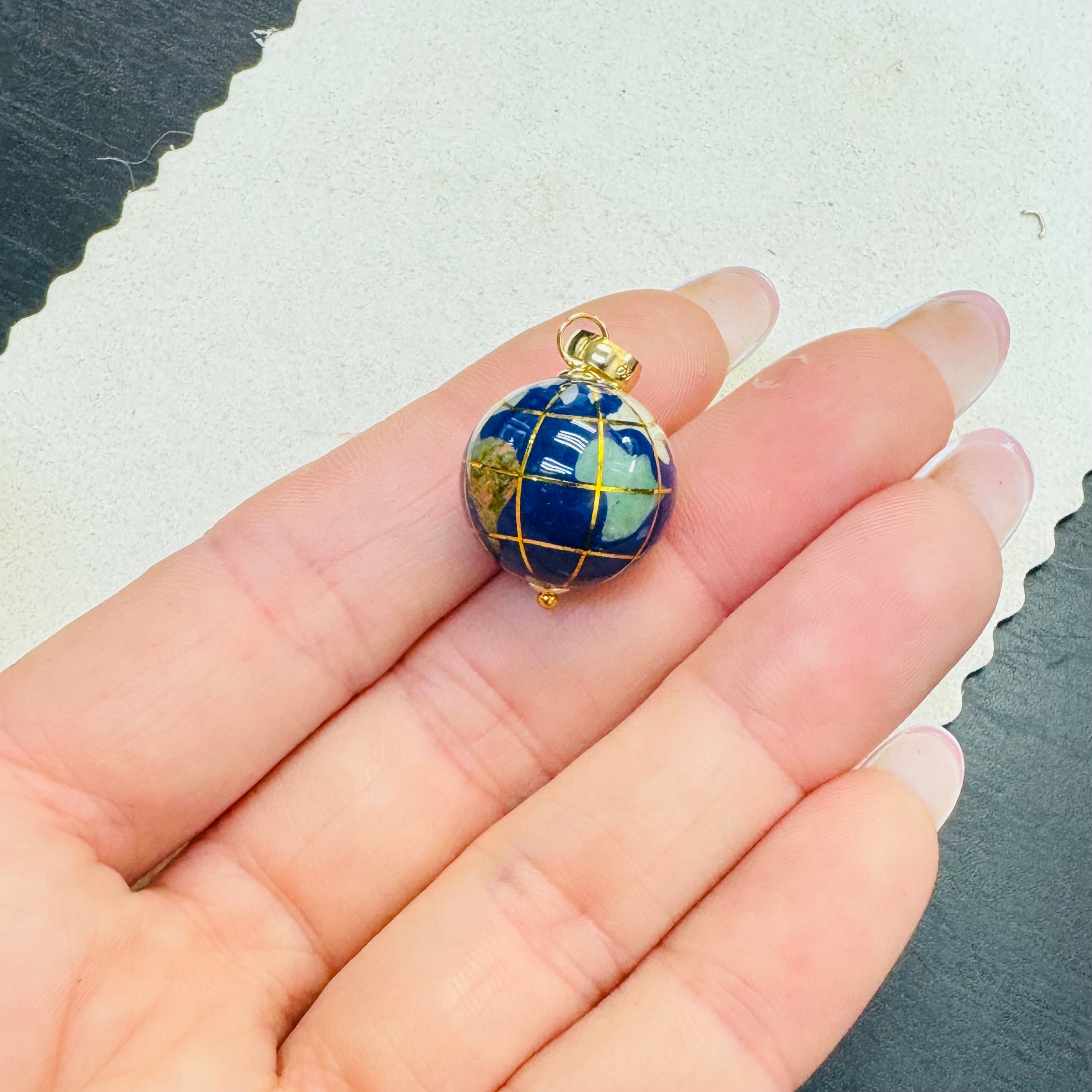 14K Yellow Gold Lapis And Gemstone Inlay Globe Charm Pendant 15mm