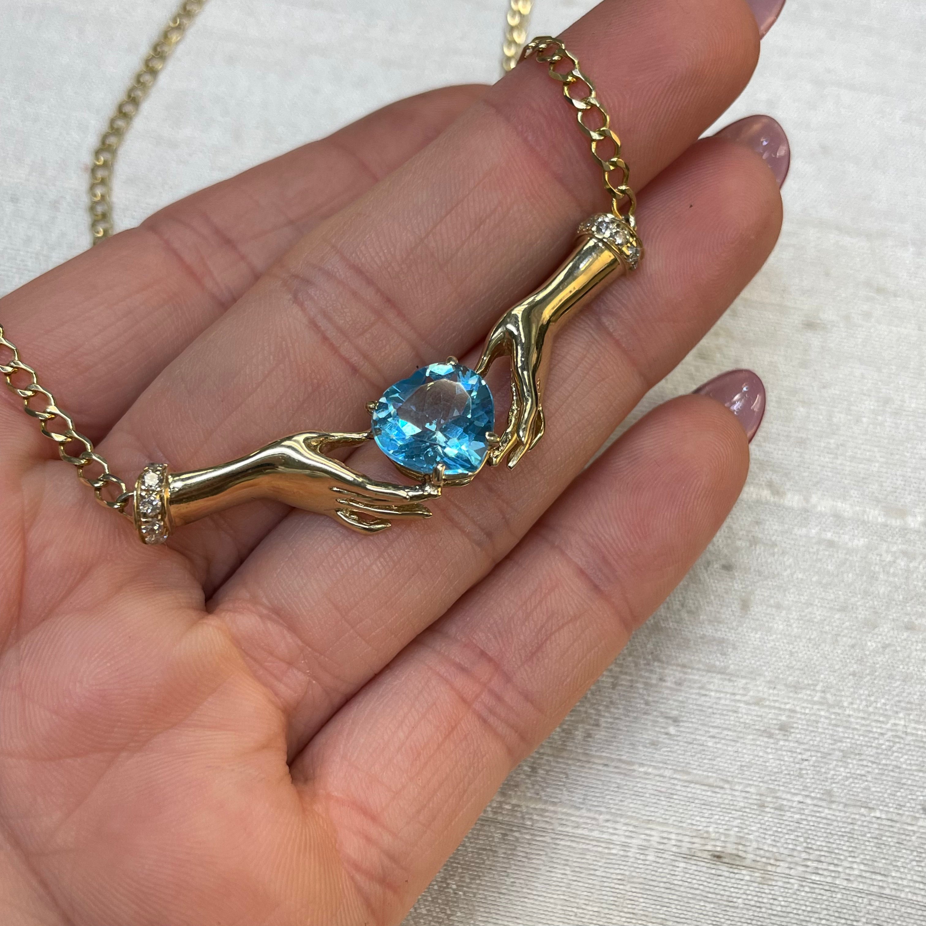 Gorgeous Blue Topaz Heart and Diamond Hands Collar Necklace