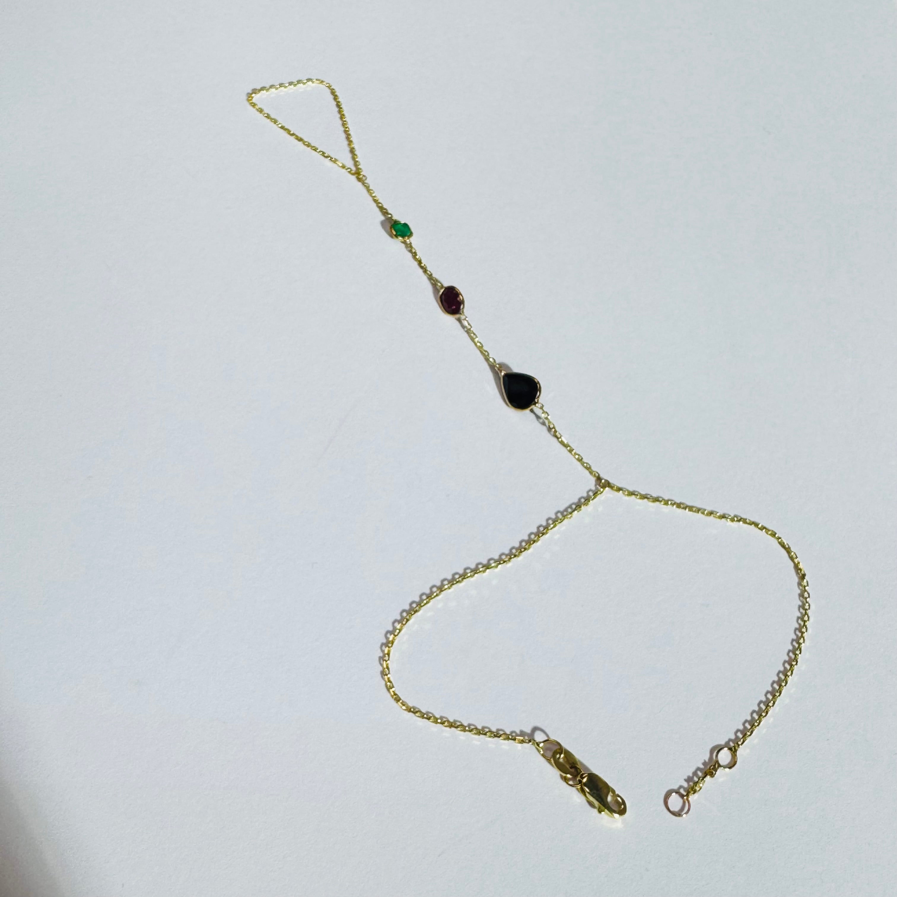 14K Yellow Gold Emerald Ruby Sapphire Handchain