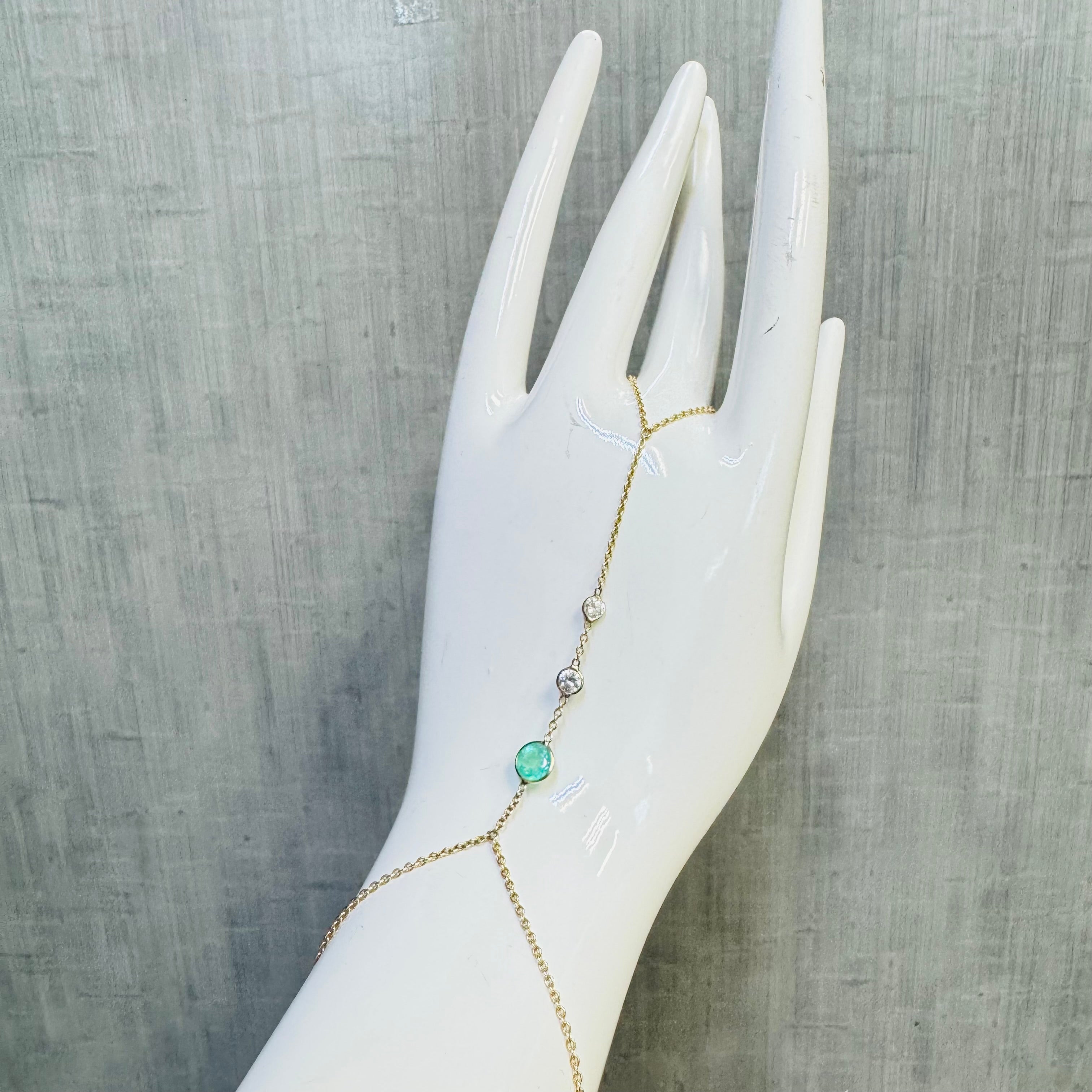 14K Yellow Gold Emerald and Diamond Handchain