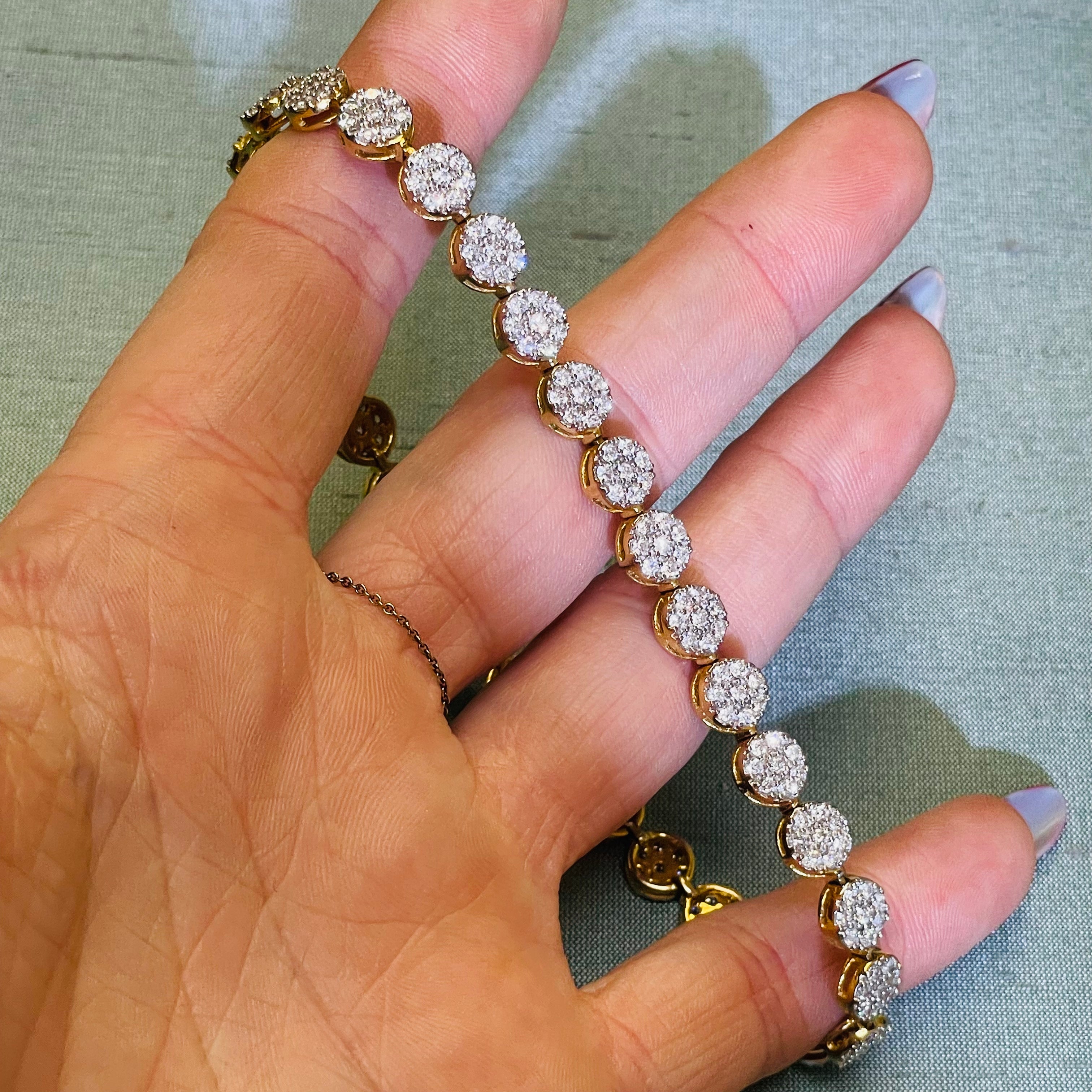 10K Yellow Gold 2.5CT Diamond Round Cluster Tennis Bracelet 8”