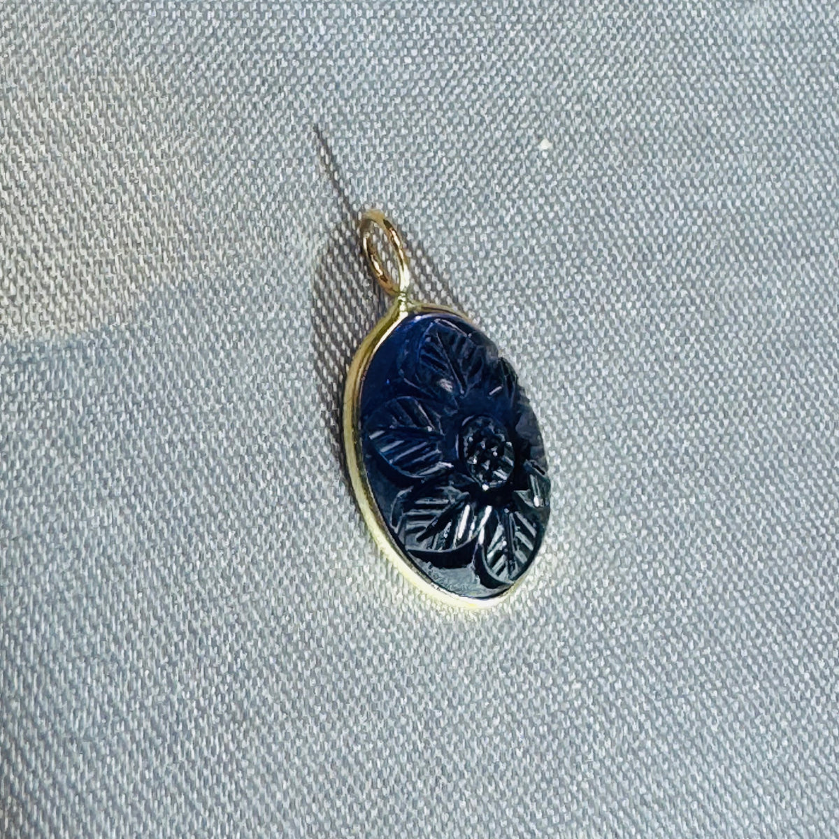 Carved Blue Iolite Pendant 14K Yellow Gold