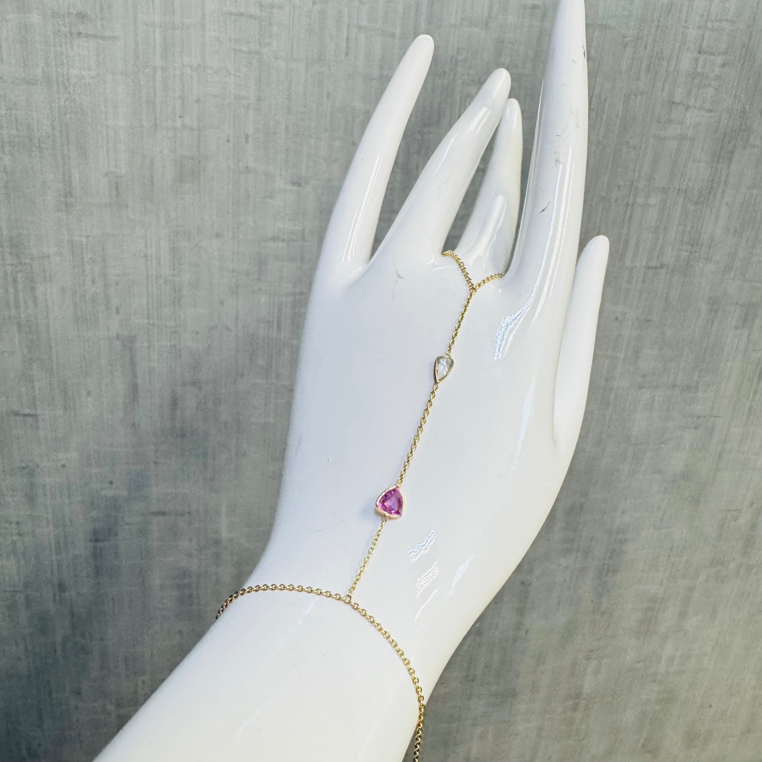 Pink Sapphire and Diamond Rose Cut Hand Chain Bracelet in solid 14k Yellow Gold