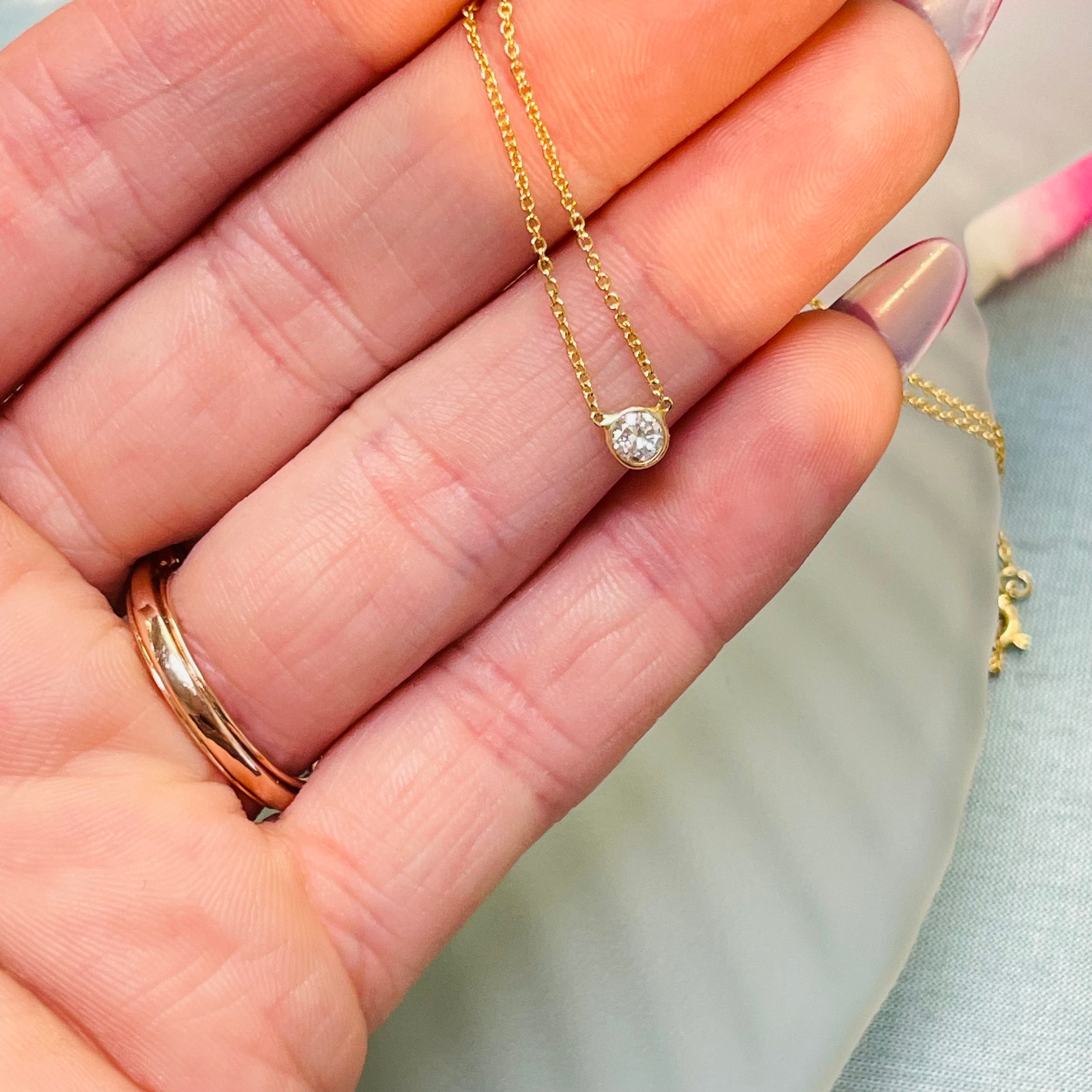 .15CT Natural Round Diamond 14K Yellow Gold Solitaire Necklace 18”