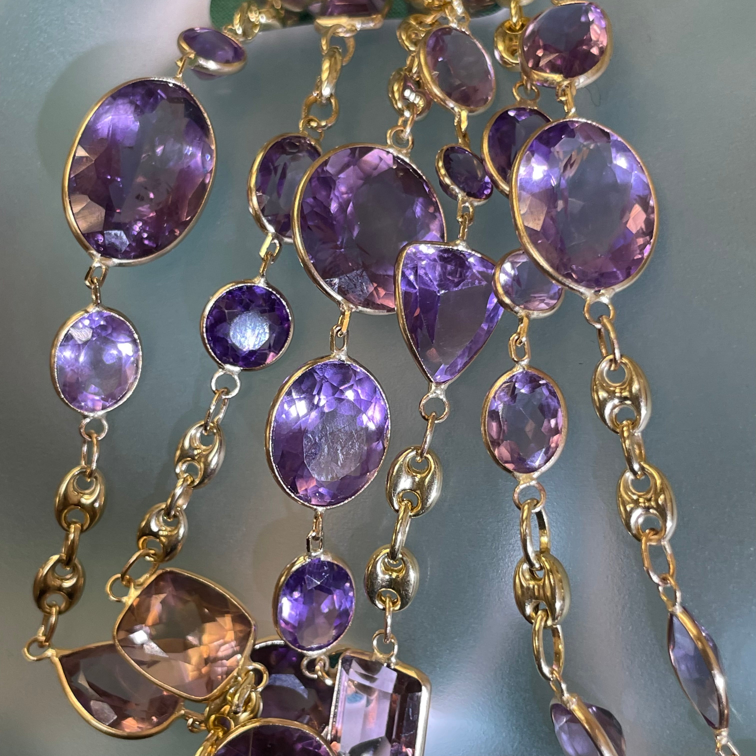 36" Long Solid 14K Yellow Gold 104CT Natural Multi Shape Amethyst Long Gemstone