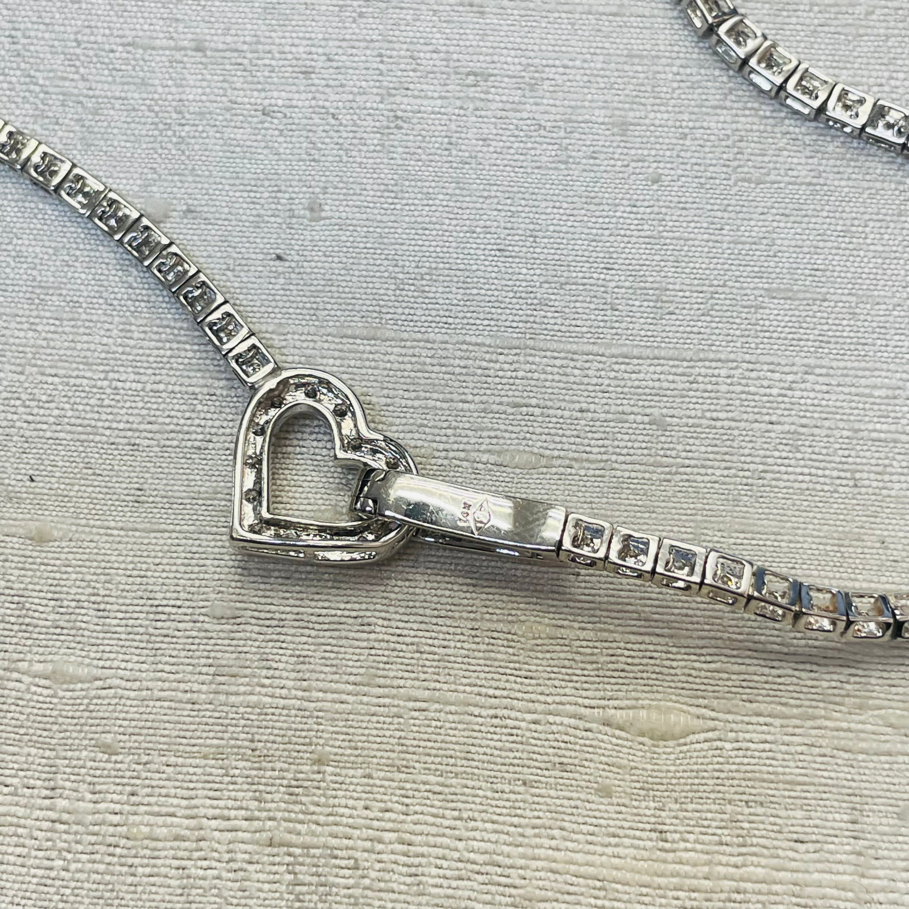 14K White Gold Natural Diamond Tennis Necklace with Heart Center
