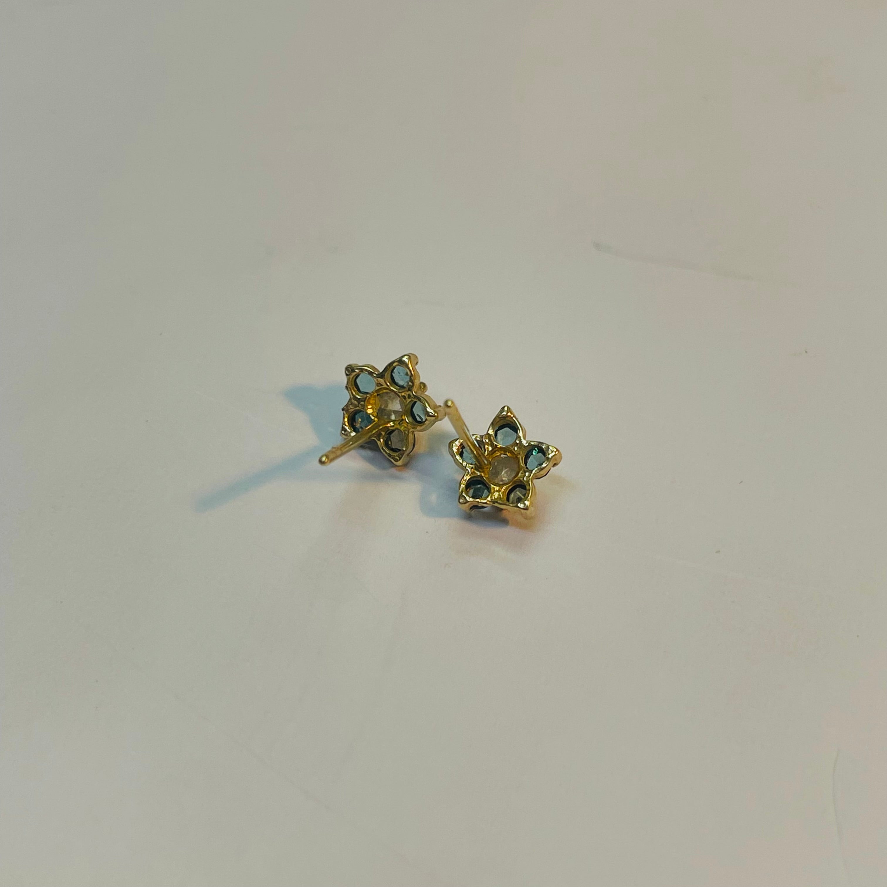 Rose Cut Blue Diamond Stud Earrings 14K Yellow Gold