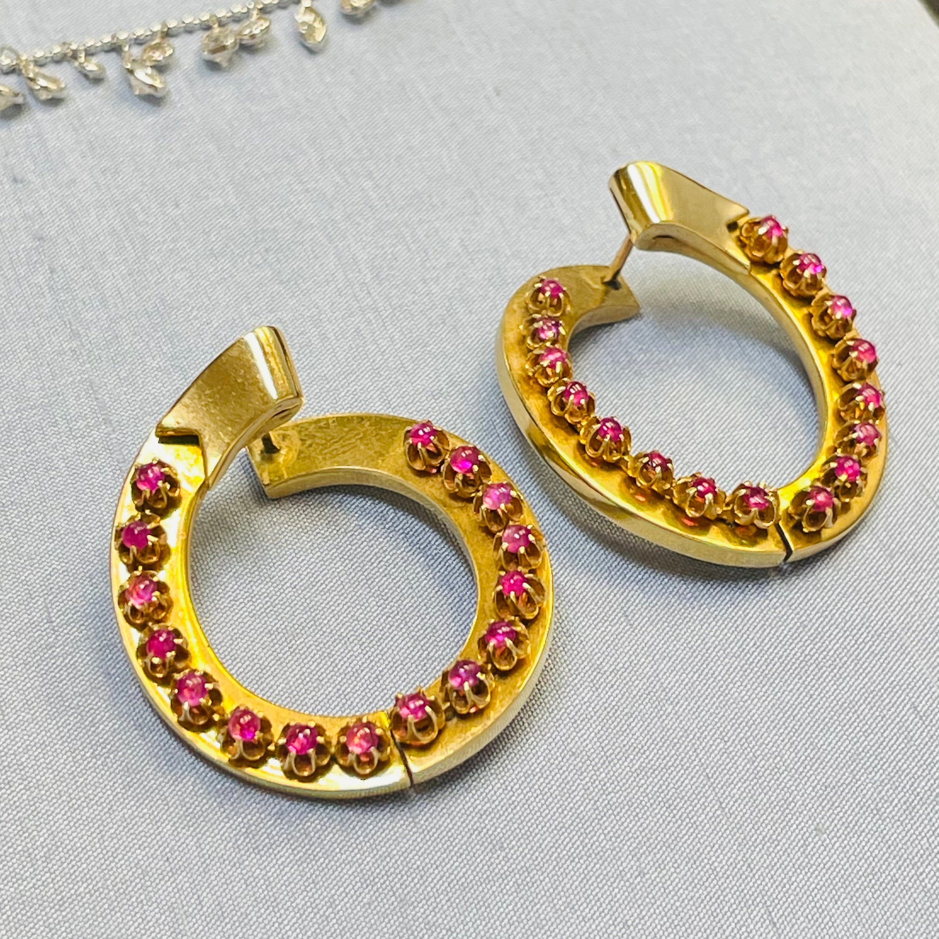 Amazing Natural Burma Ruby Cabochon Antique Victorian Hinged Hoop Earrings