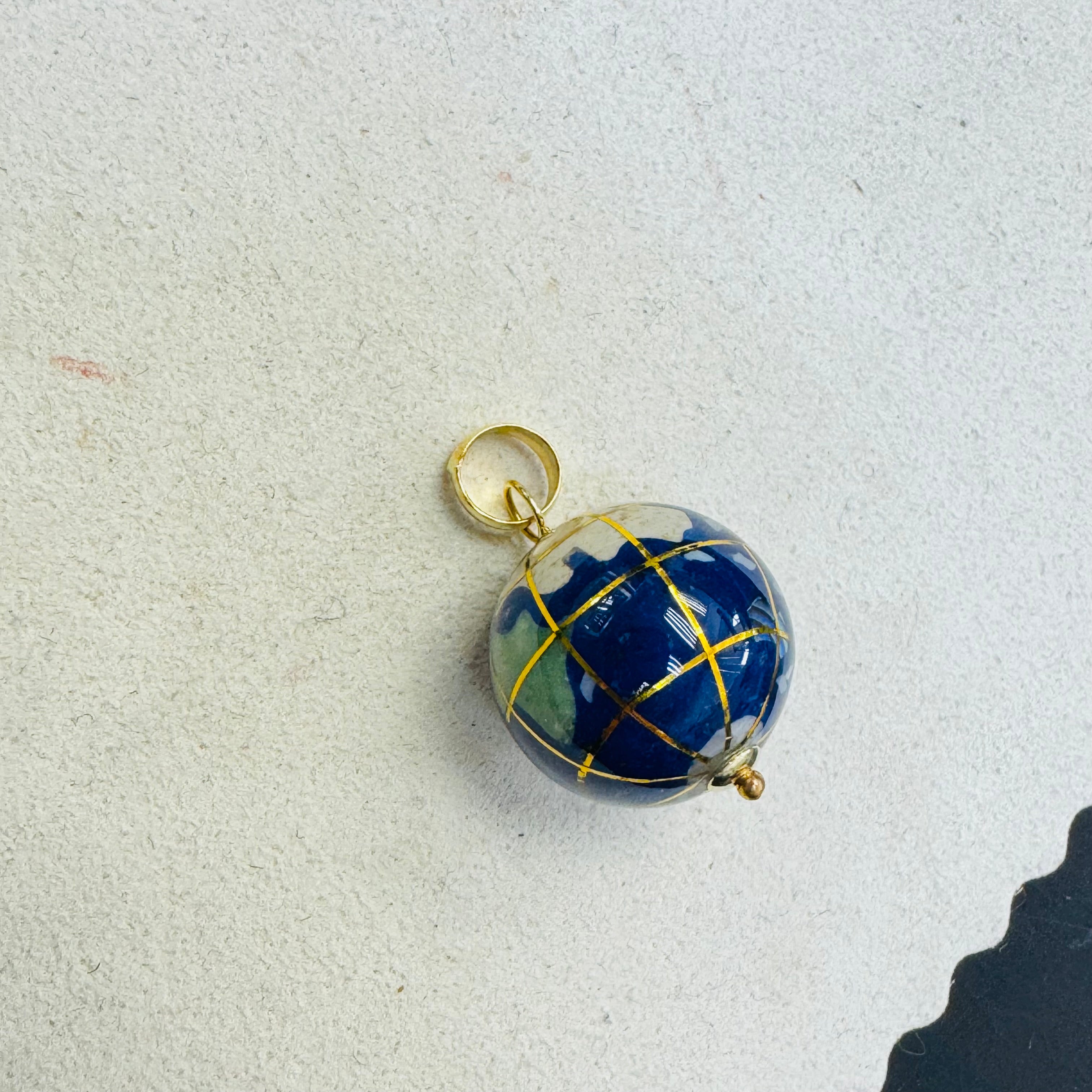 14K Yellow Gold Lapis And Gemstone Inlay Globe Charm Pendant 15mm