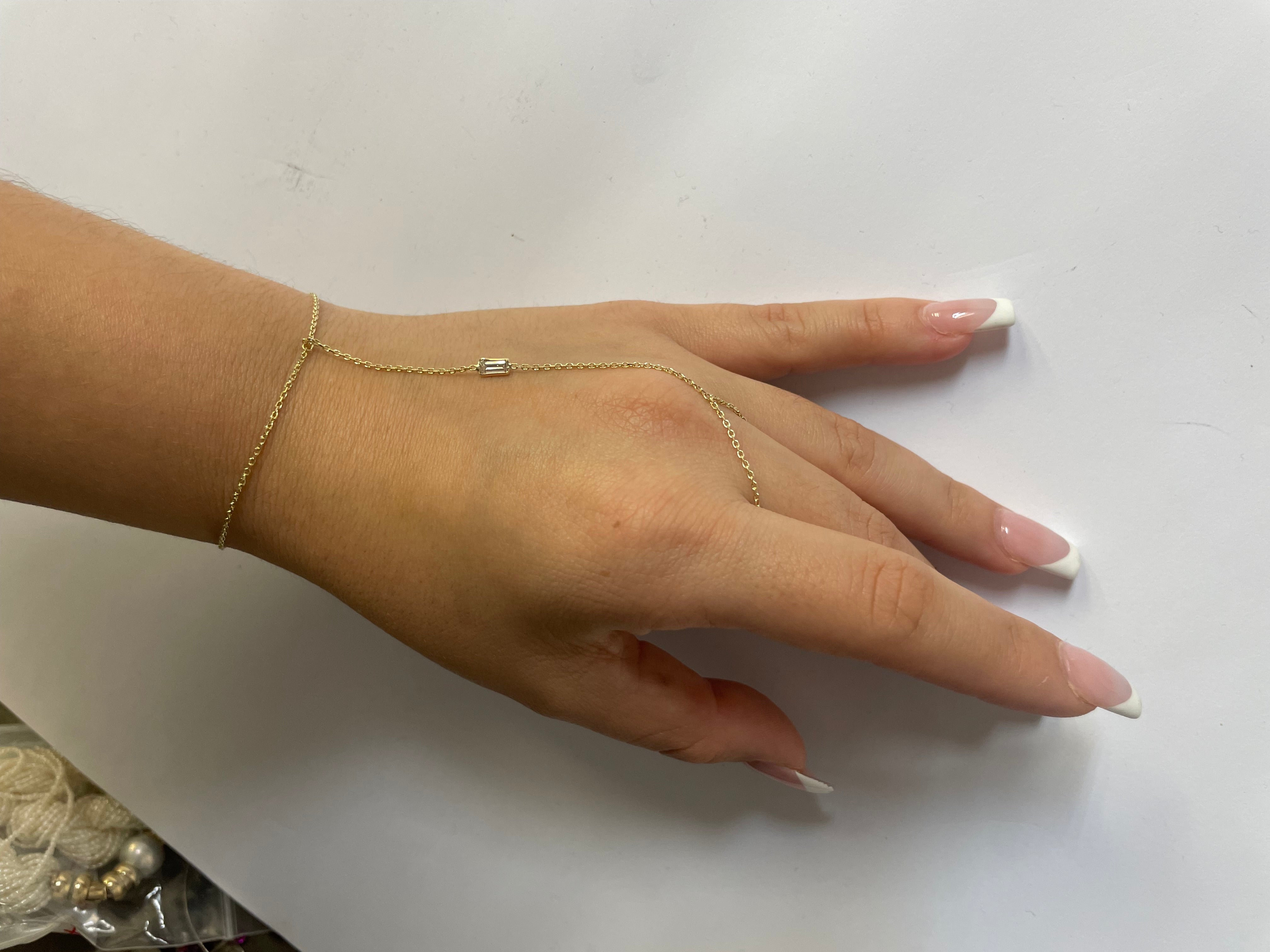 Long Baguette Diamond Solid 14K Yellow Gold Handchain Bracelet