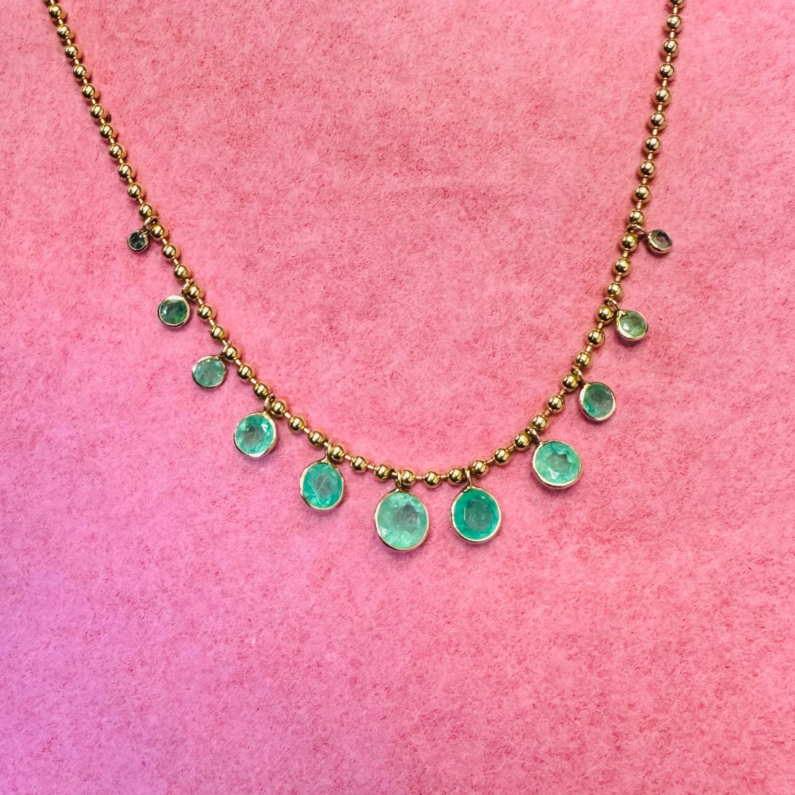 Graduated 4.8CTW Natural Round Colombian Emerald Dangle Necklace in Solid 14K Yellow Gold Ball Chain