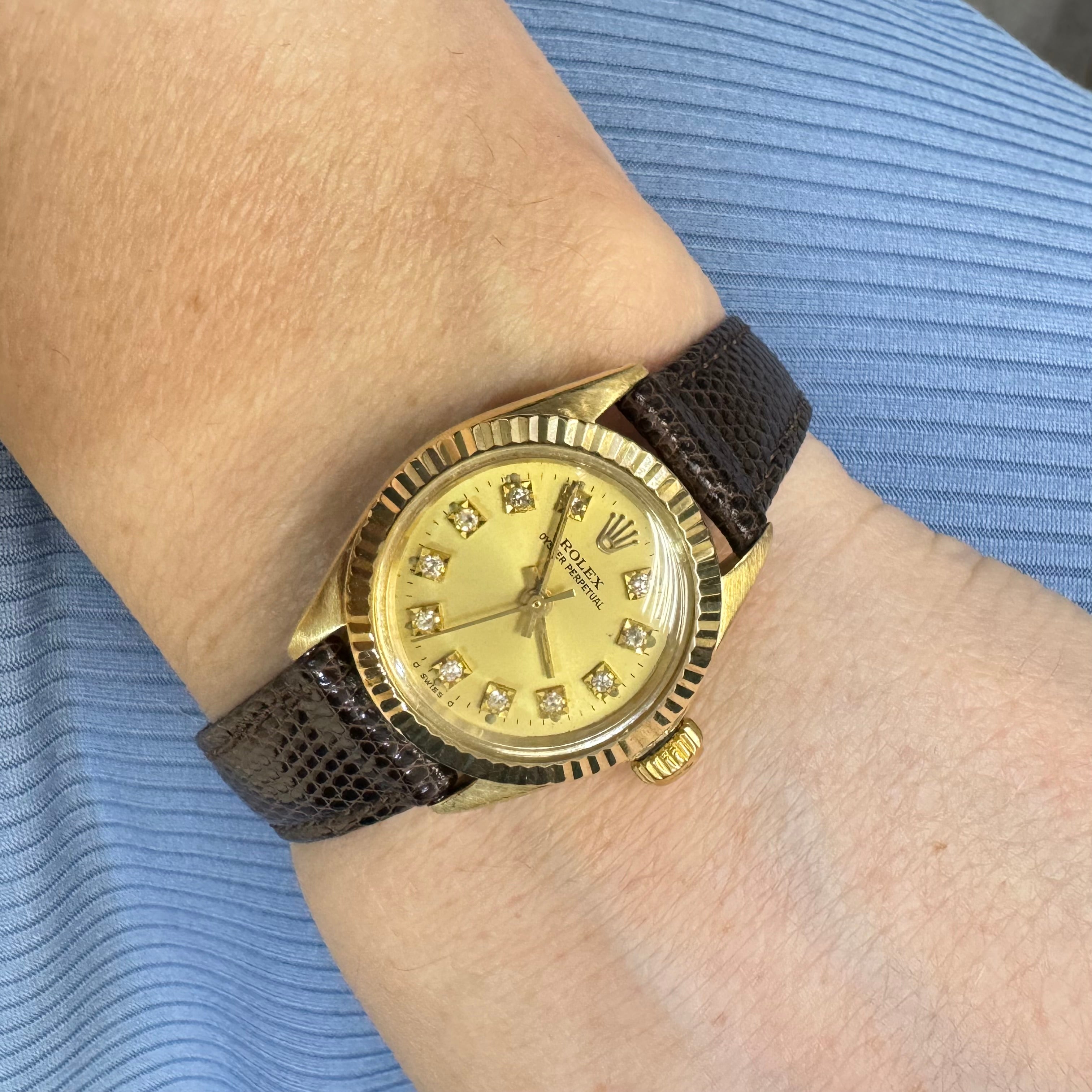 Vintage Ladies 26MM Diamond Dial and Leather Band Rolex Watch