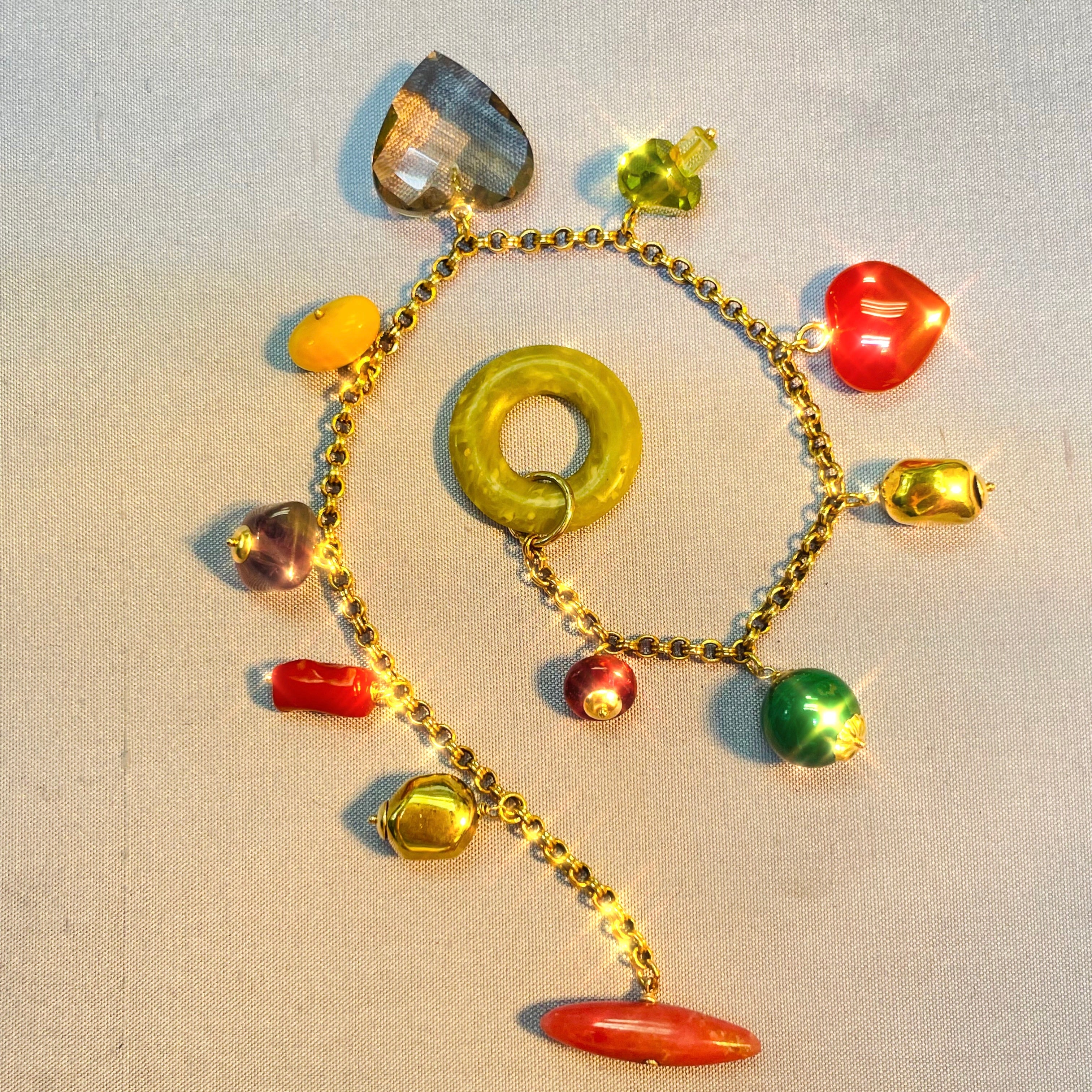 Gem Garden Solid 14K Yellow Gold Multi Gem Pastel Charm Bracelet