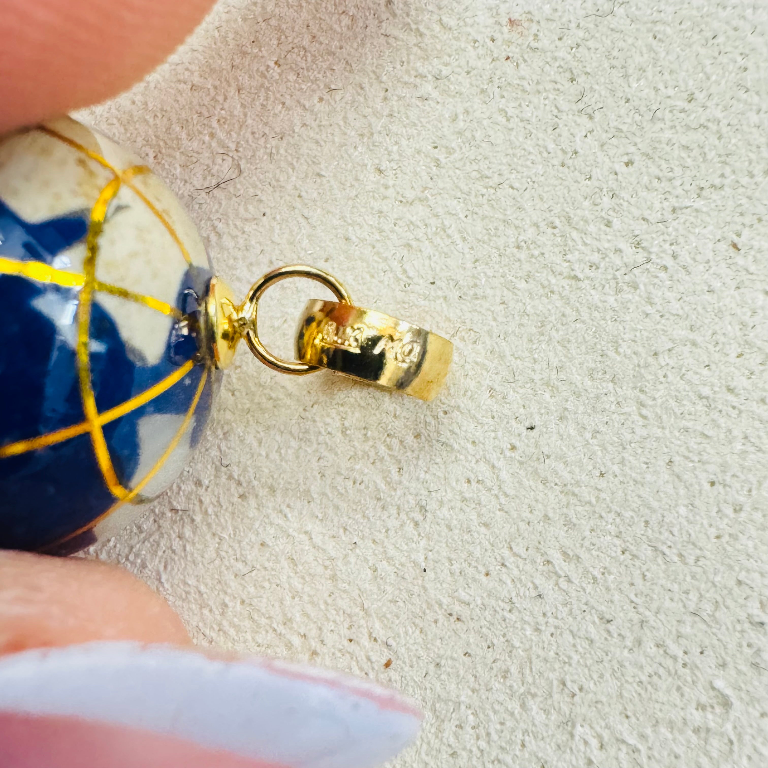 14K Yellow Gold Lapis And Gemstone Inlay Globe Charm Pendant 15mm