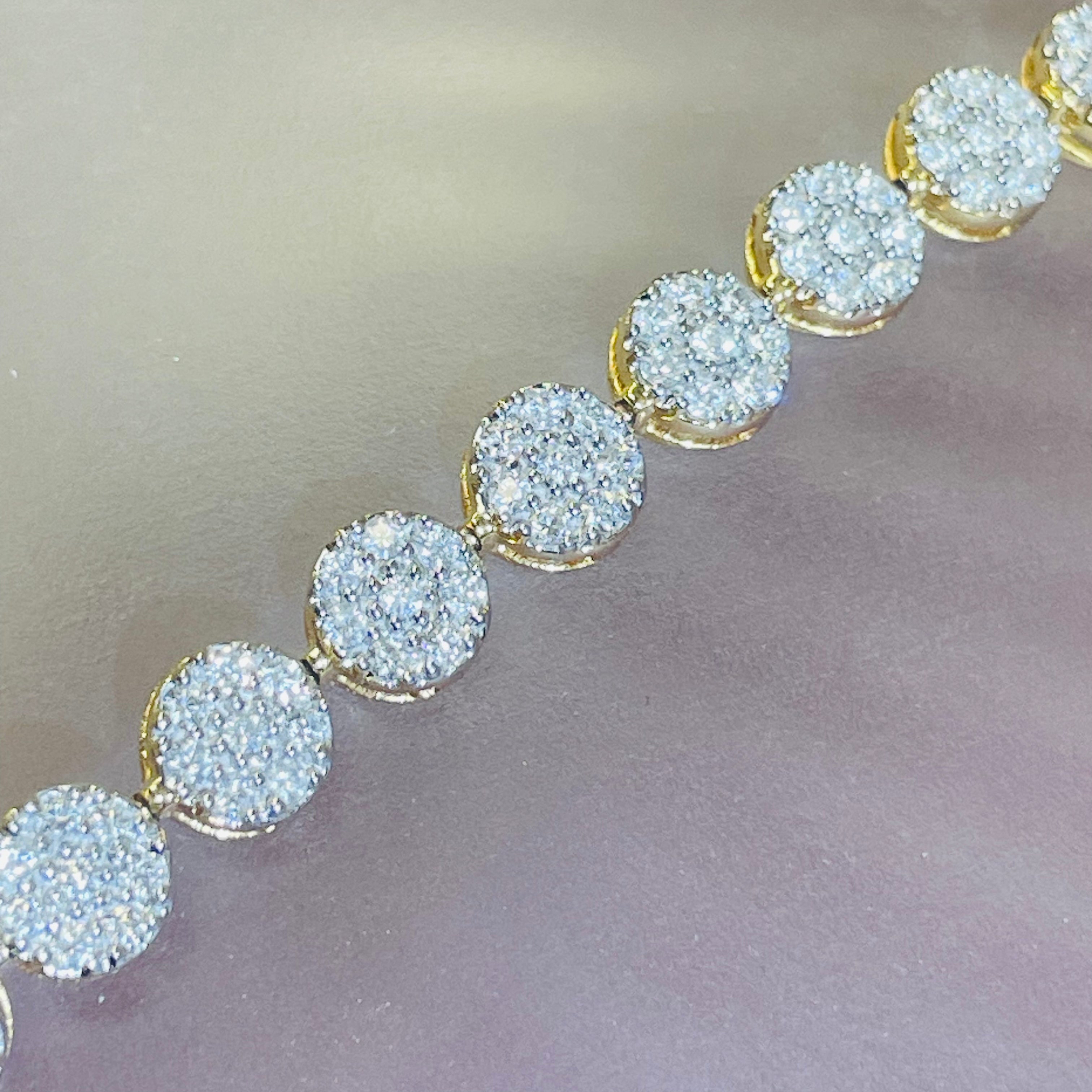 10K Yellow Gold 2.5CT Diamond Round Cluster Tennis Bracelet 8”