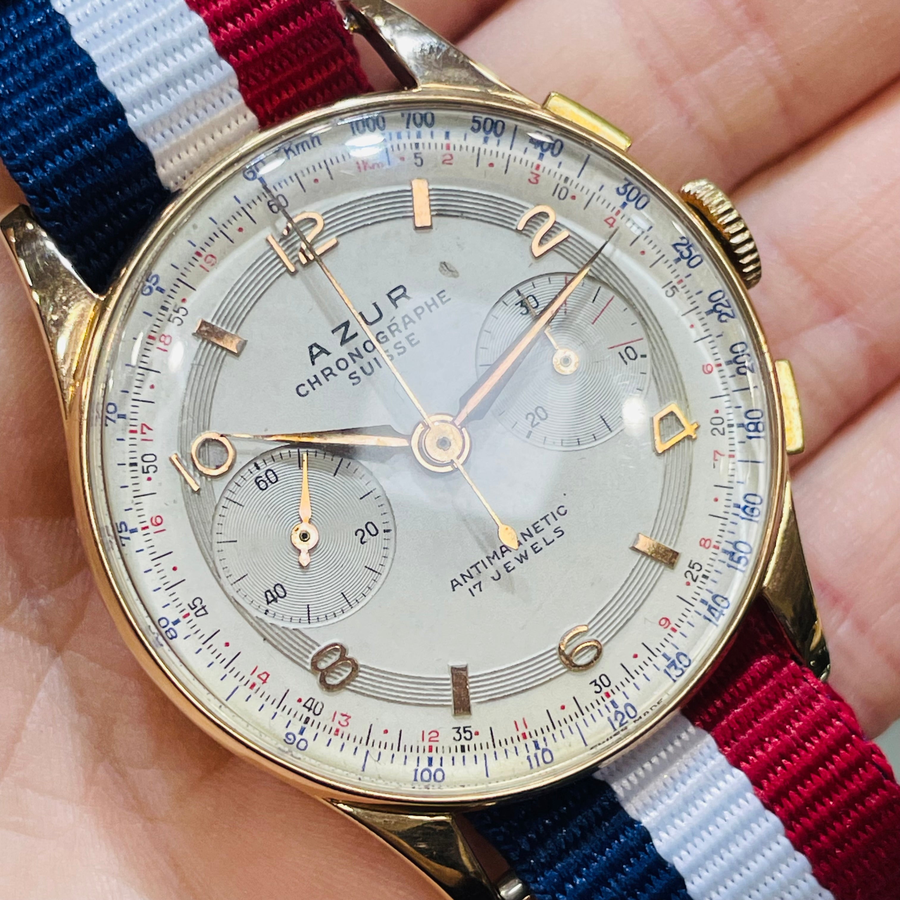 36mm Solid 18K Rose Gold Azur Chronographe Suisse Watch Bubble Back