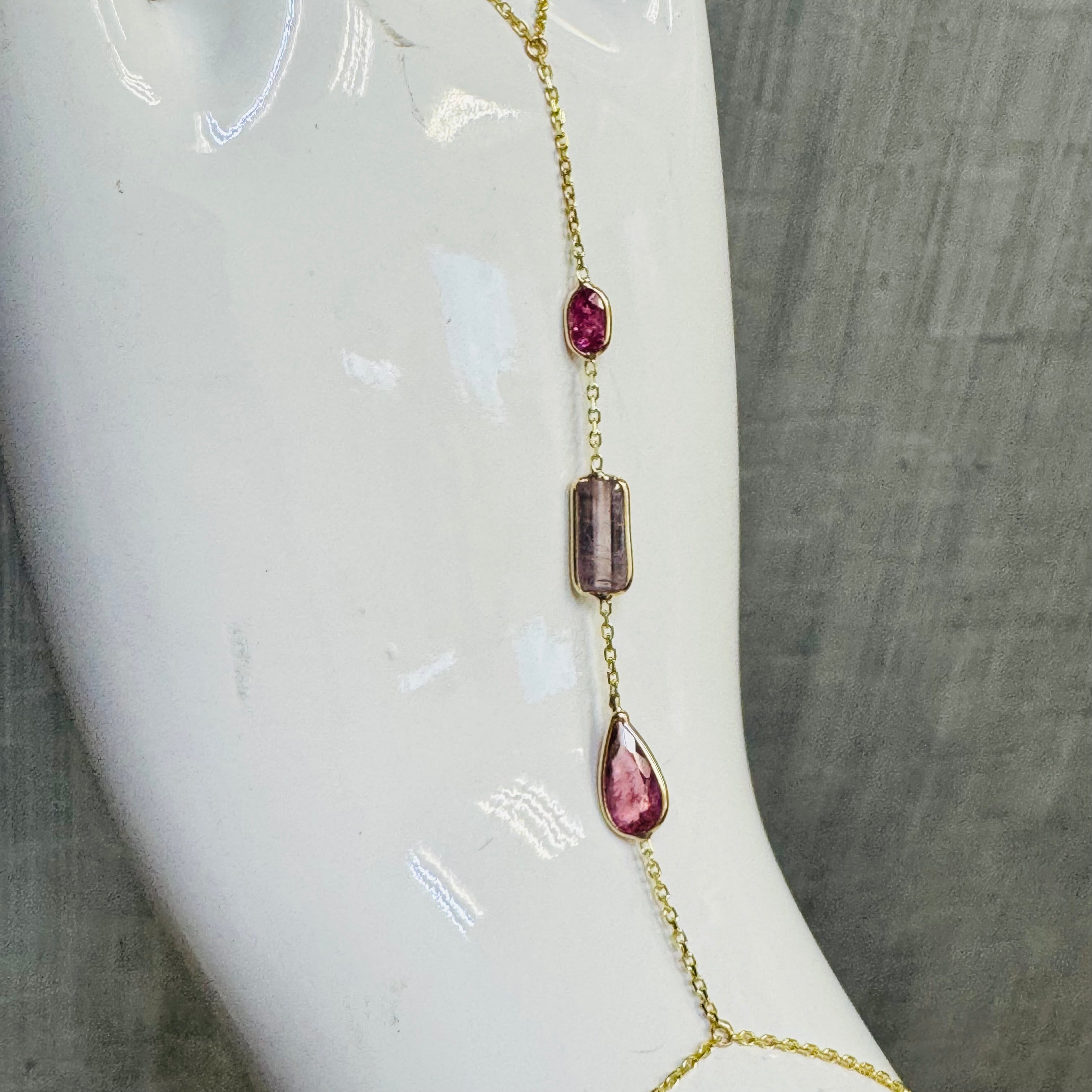 14K Yellow Gold Multi Pink and Purple Tourmaline Handchain