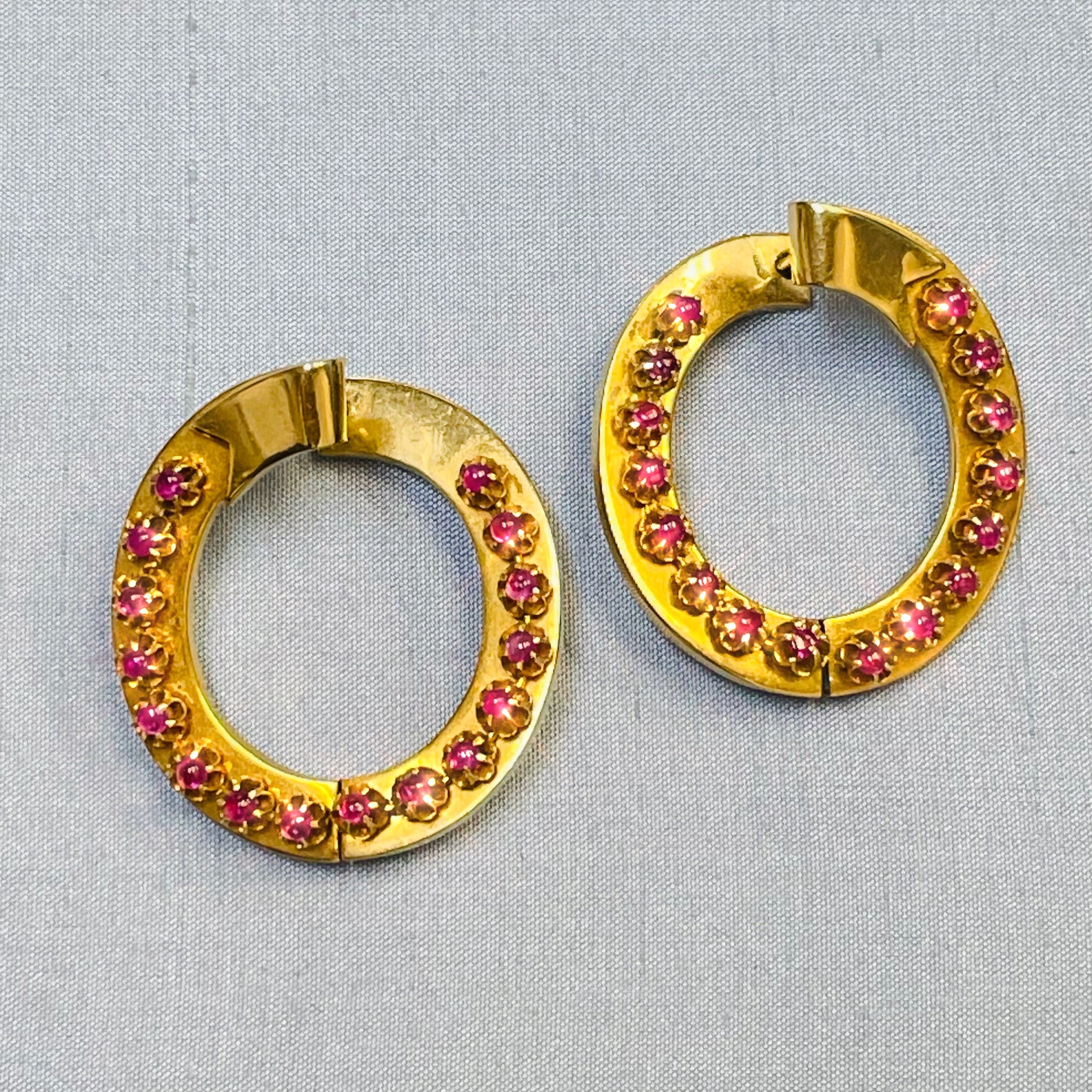 Amazing Natural Burma Ruby Cabochon Antique Victorian Hinged Hoop Earrings