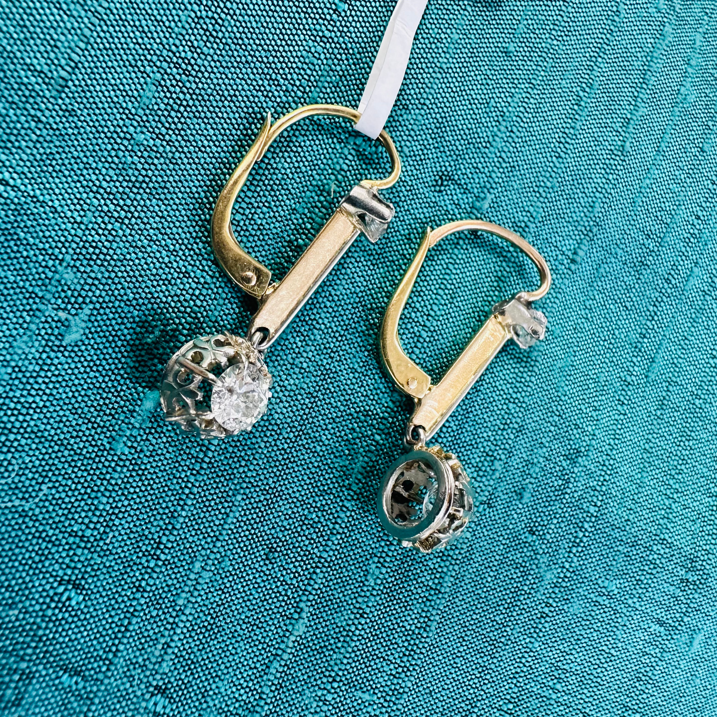 18K Yellow Gold & Platinum Vintage Diamond Drop Earrings