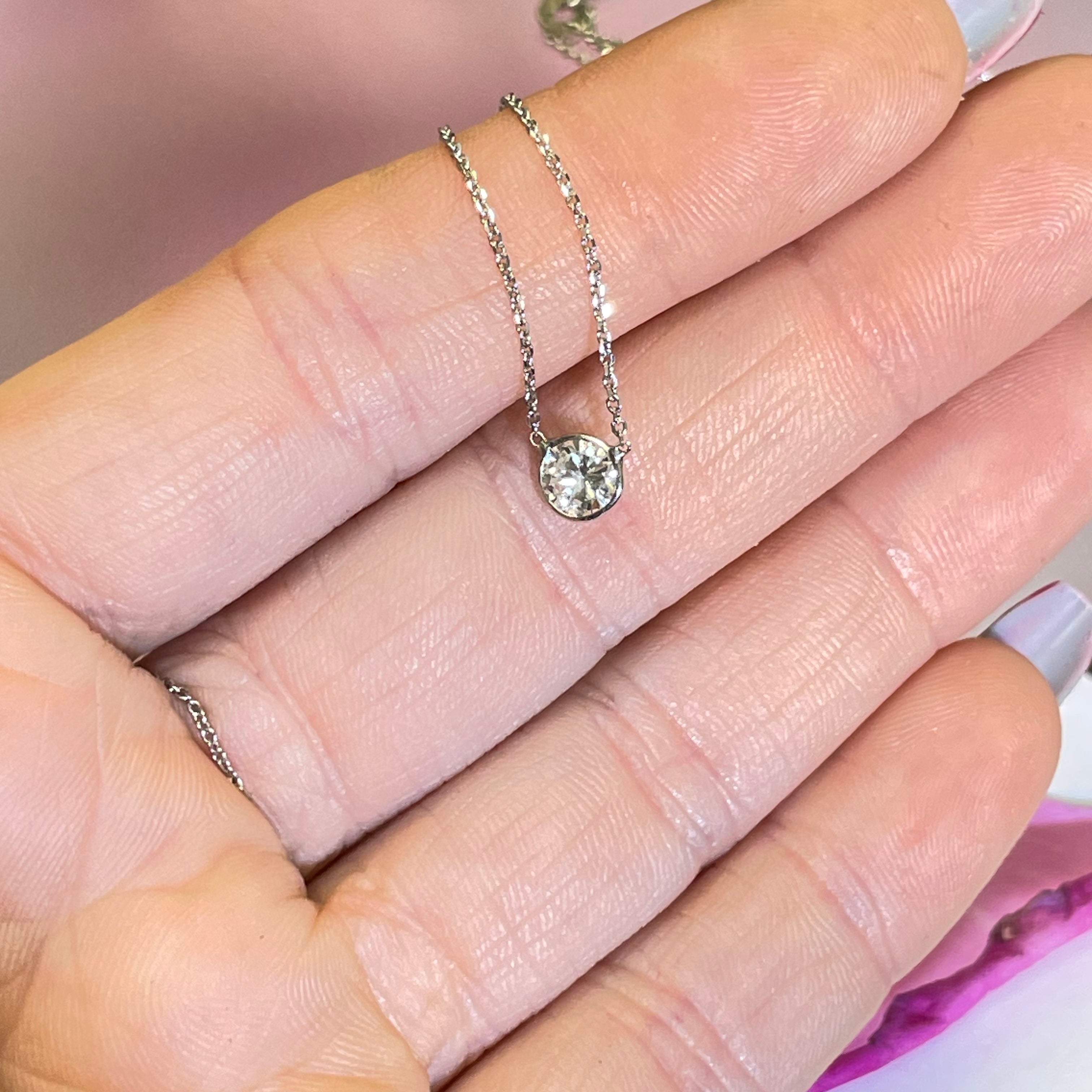 .47CT Natural Round European Cut Diamond 14K White Gold Solitaire Necklace 16-18"