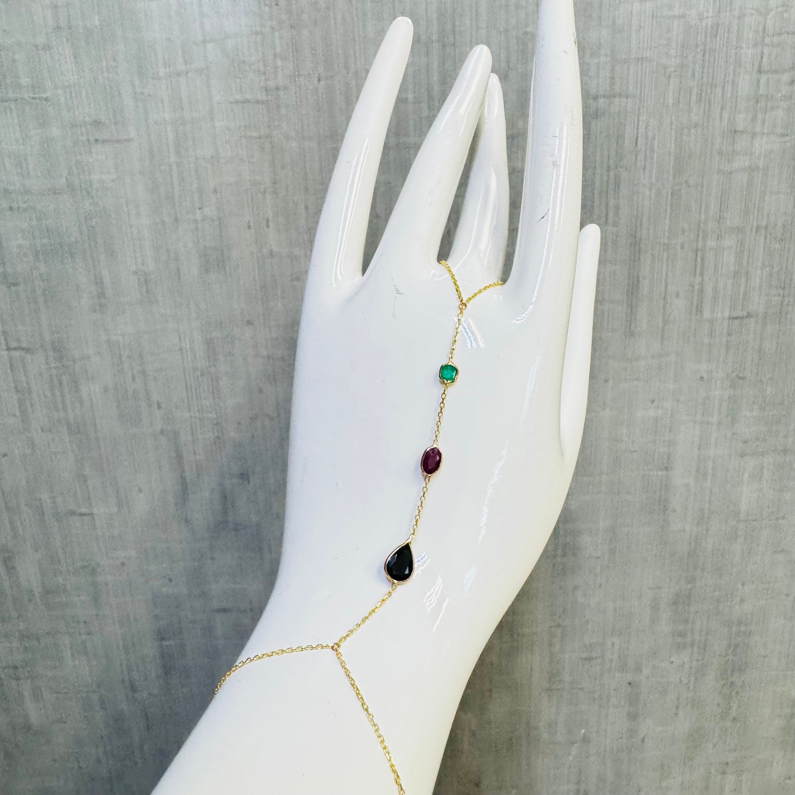 14K Yellow Gold Emerald Ruby Sapphire Handchain