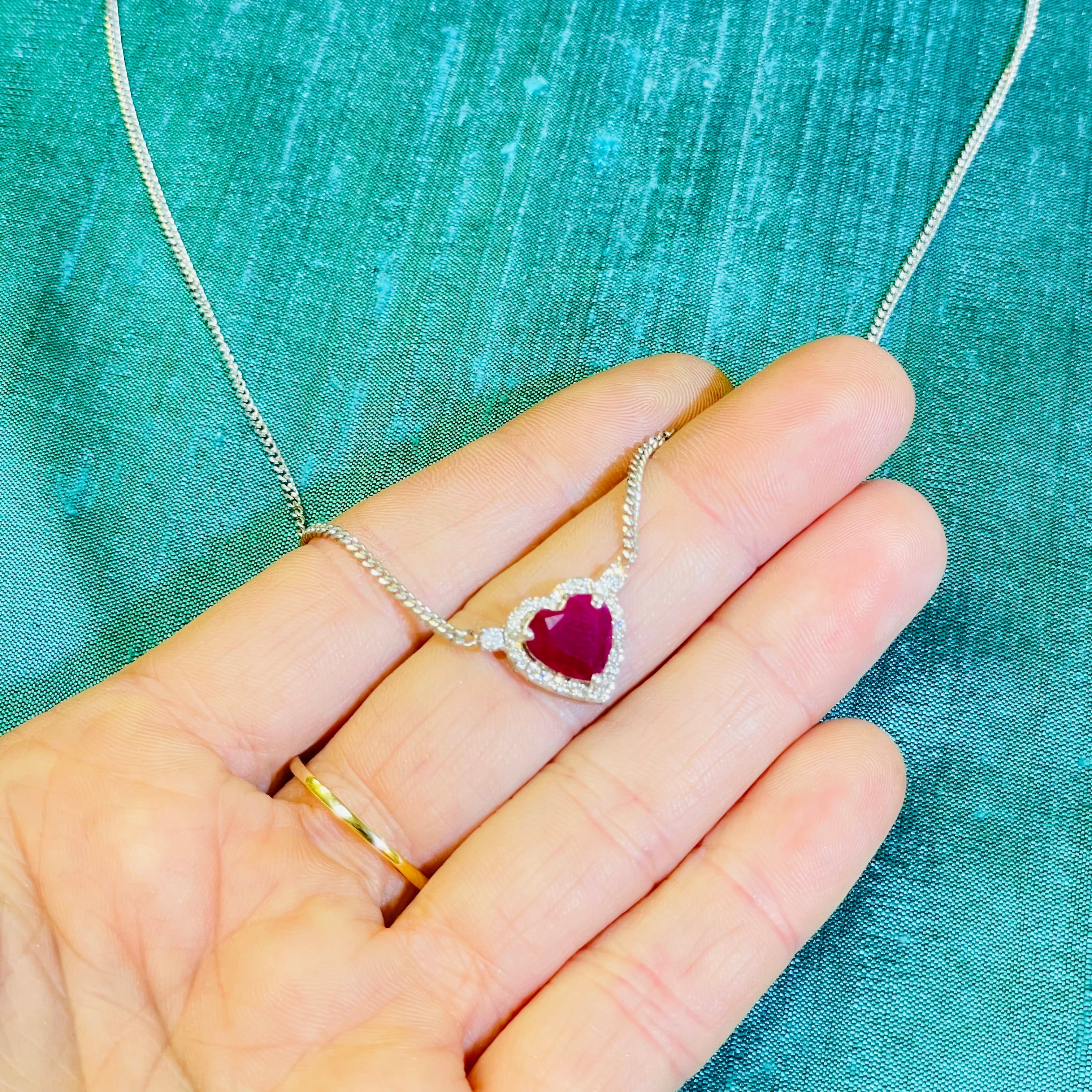 2CT Natural Ruby and Diamond Halo Heart 14K White Gold Solitaire Necklace
