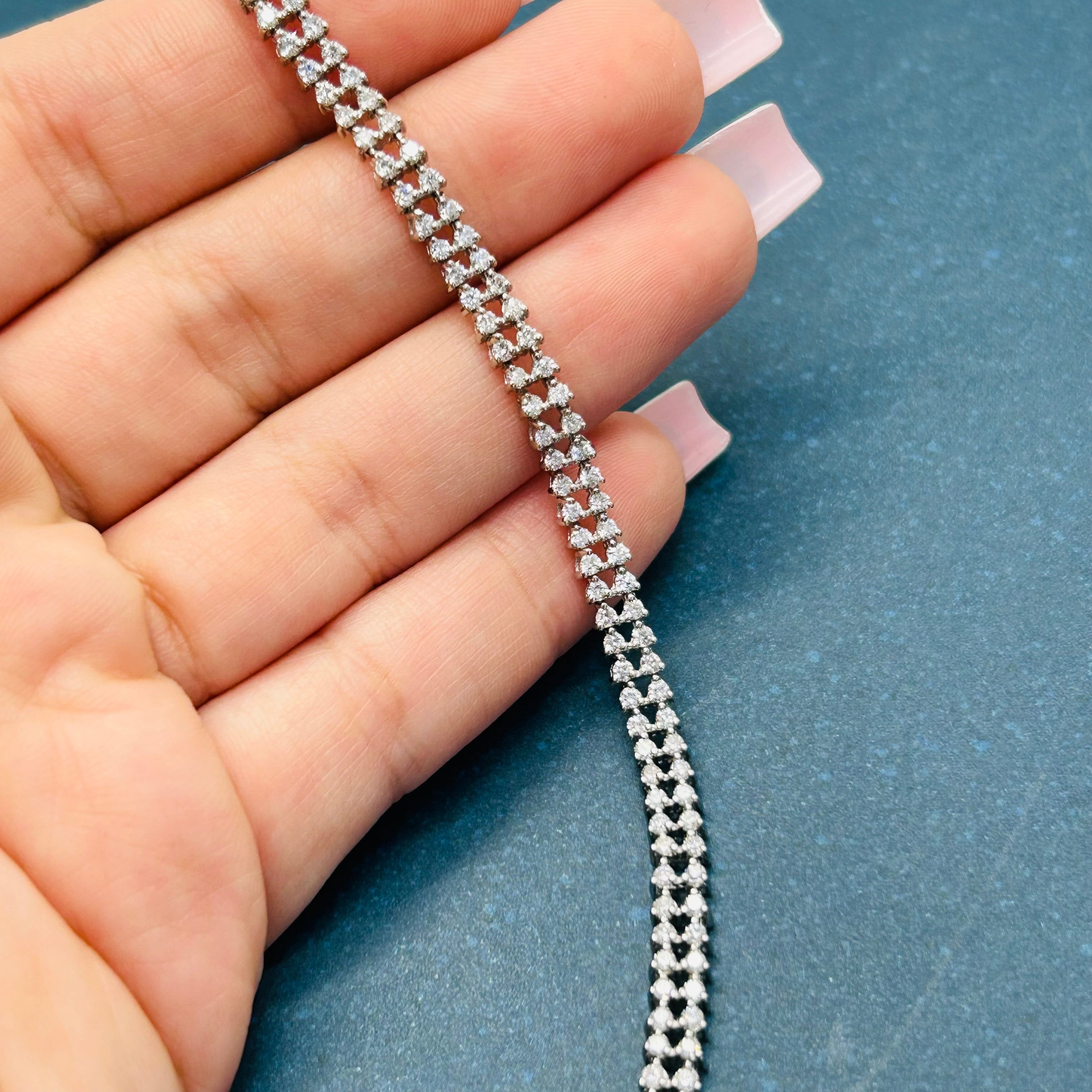 14K White Gold Natural Double Diamond Row Tennis Bracelet 7”