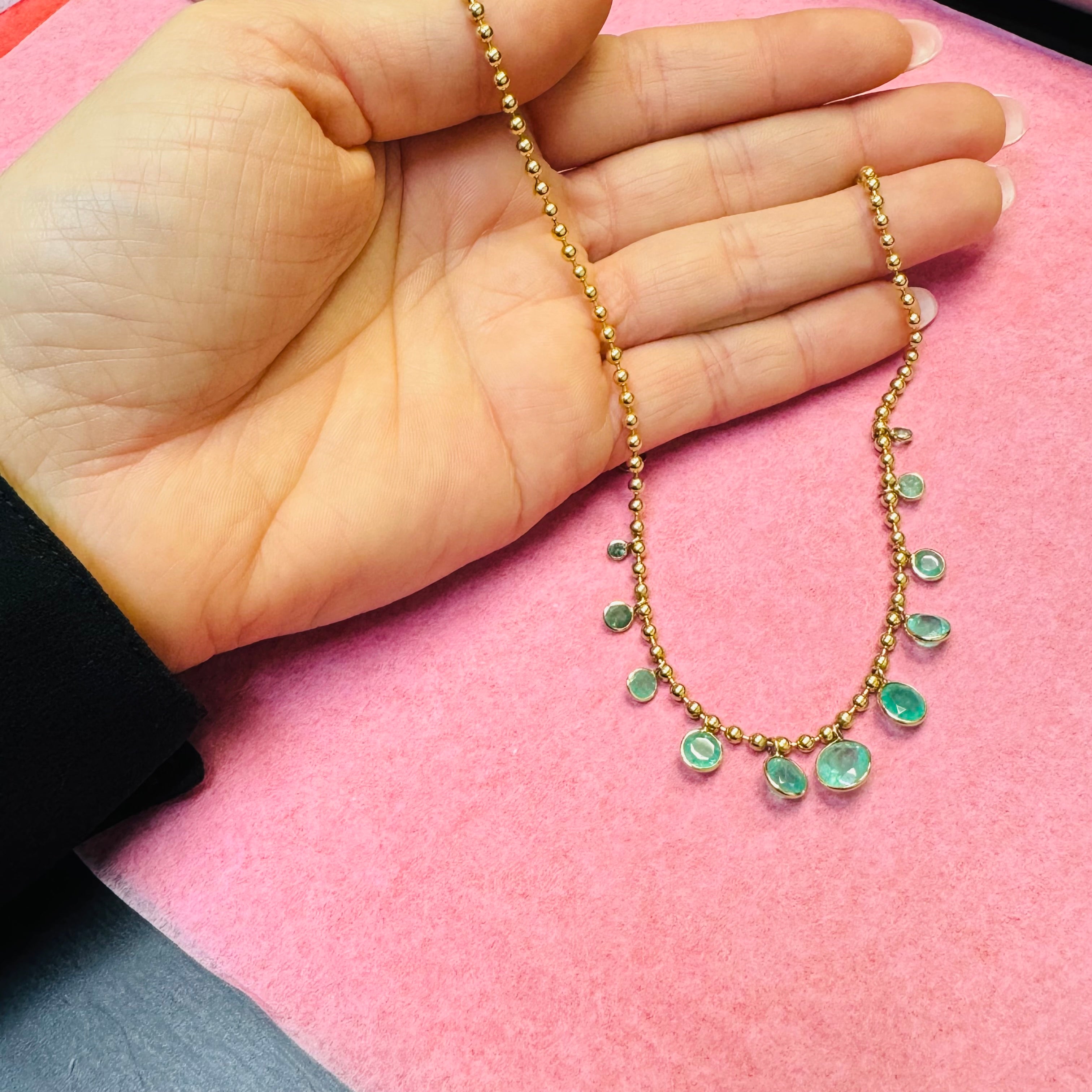 Graduated 4.8CTW Natural Round Colombian Emerald Dangle Necklace in Solid 14K Yellow Gold Ball Chain