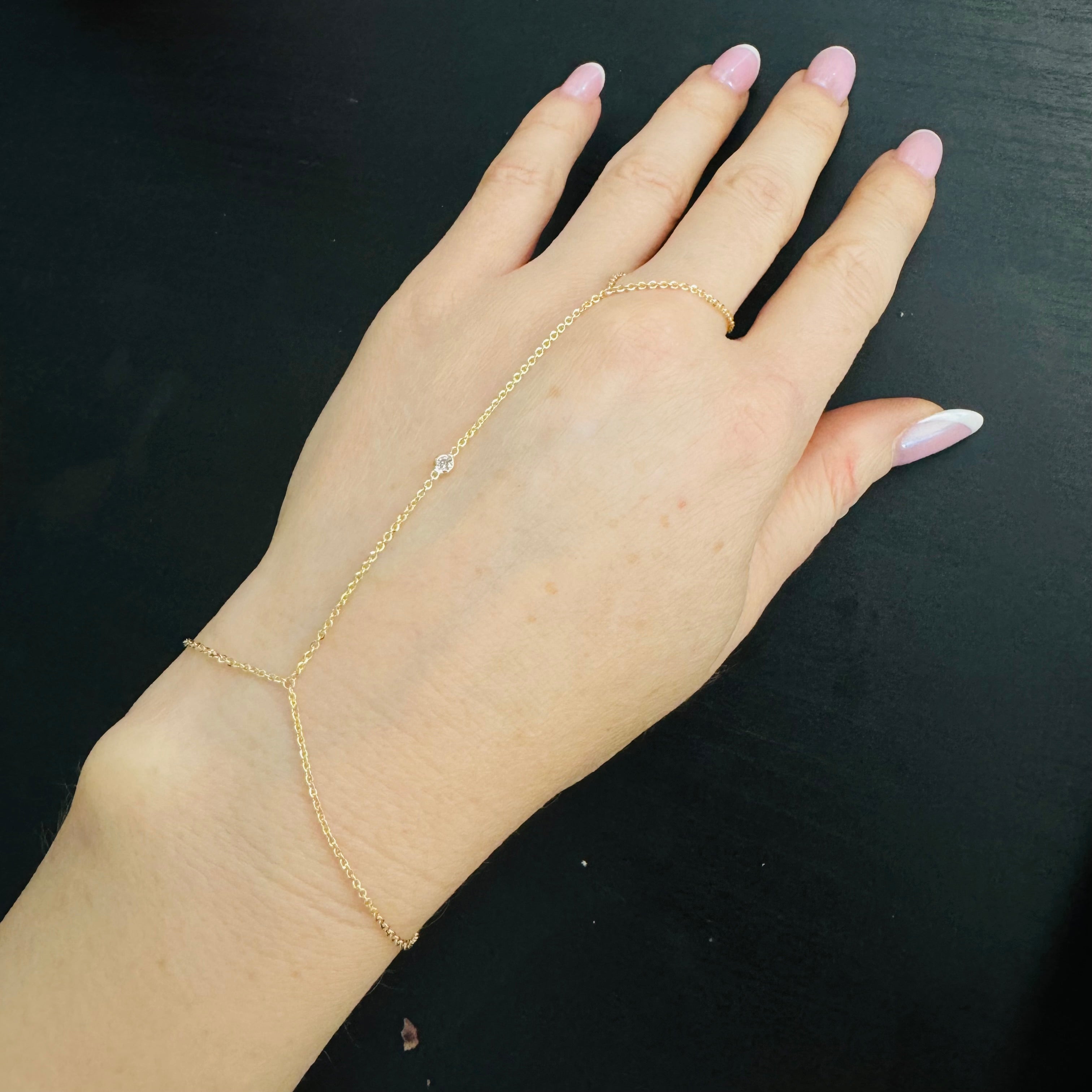 .10CT Diamond 14K Yellow Gold Diamond Solitaire Hand Chain Bracelet