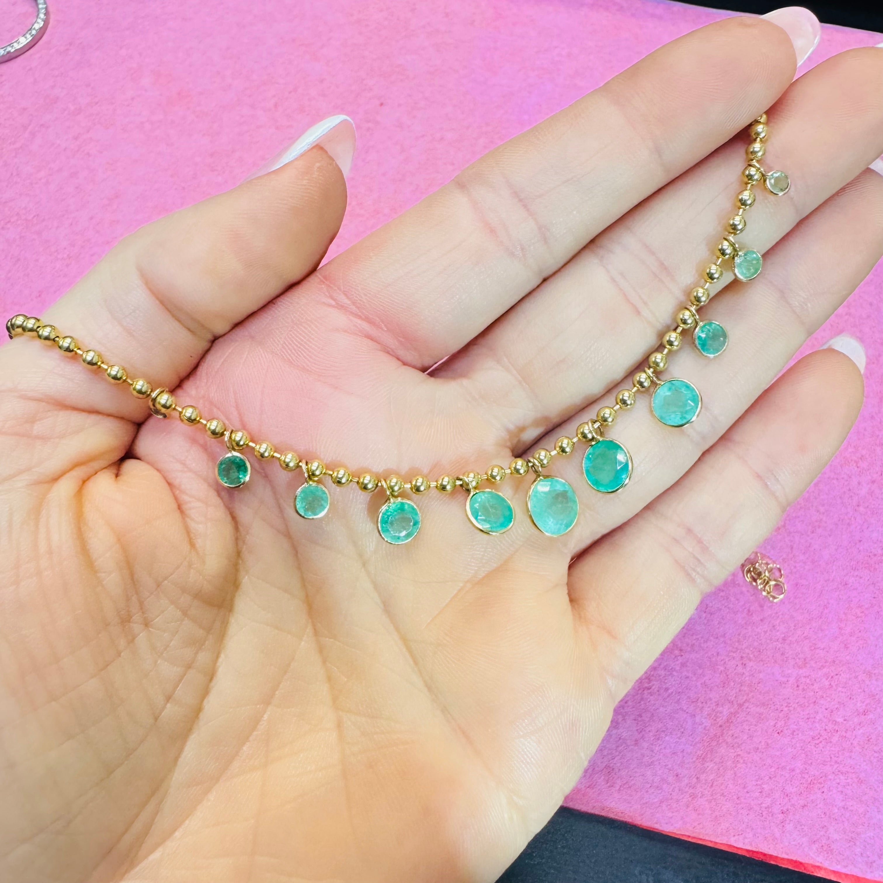 Graduated 4.8CTW Natural Round Colombian Emerald Dangle Necklace in Solid 14K Yellow Gold Ball Chain