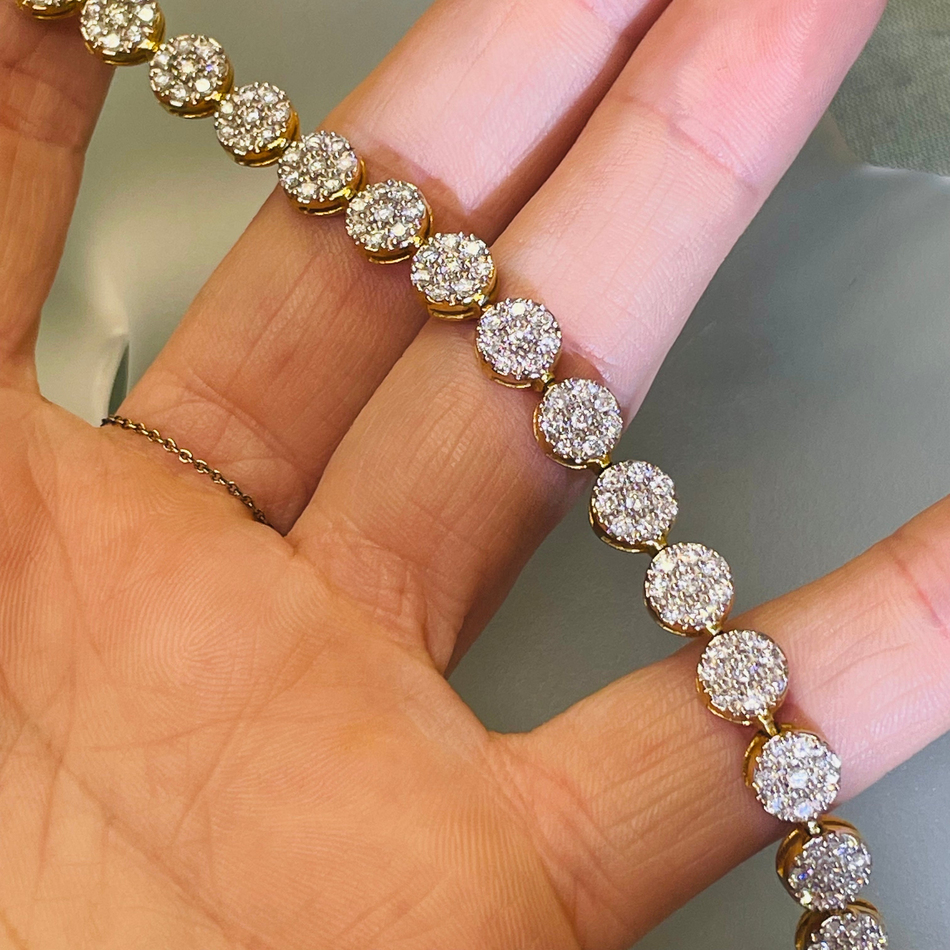 10K Yellow Gold 2.5CT Diamond Round Cluster Tennis Bracelet 8”