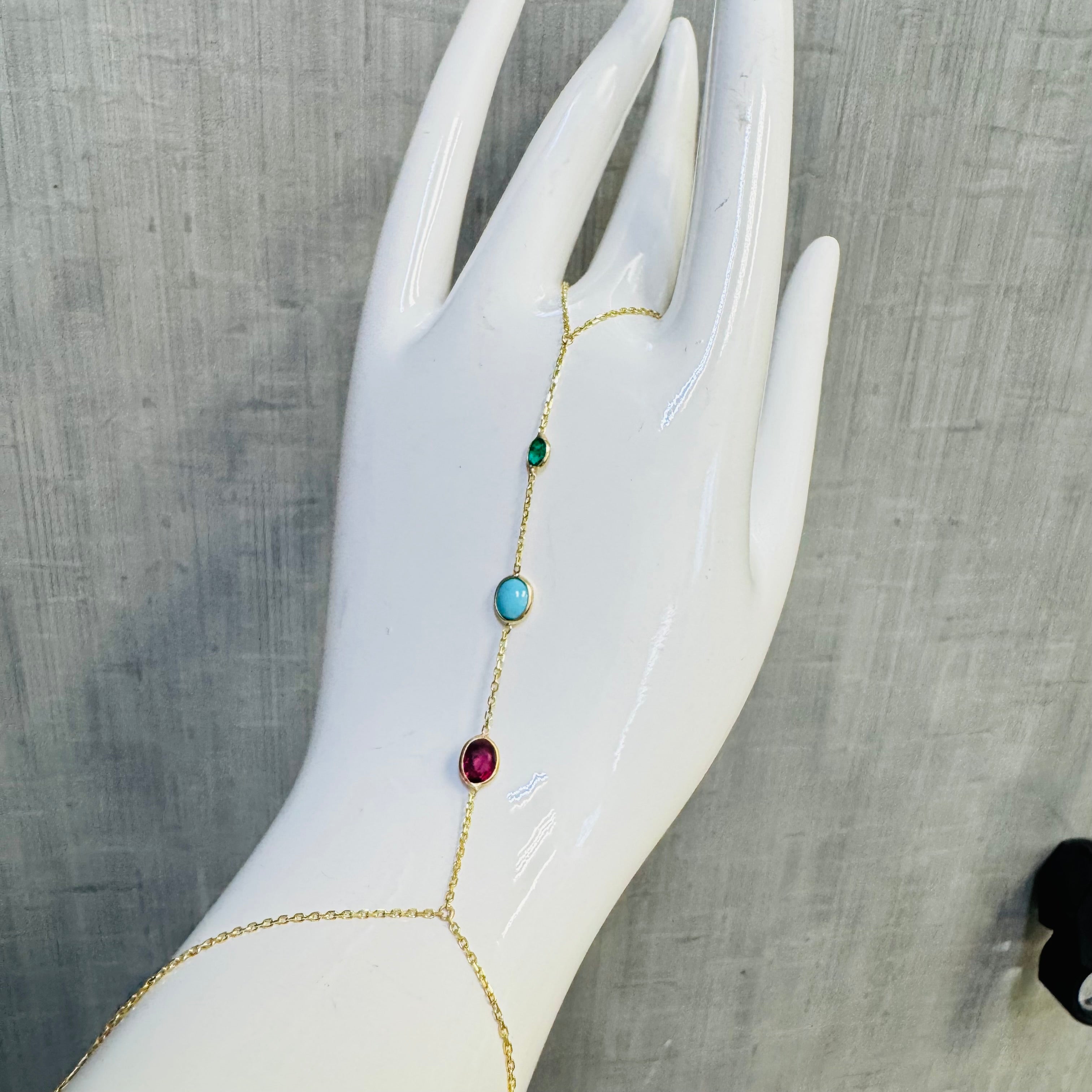 Emerald Turquoise Ruby 14K Yellow Gold Handchain