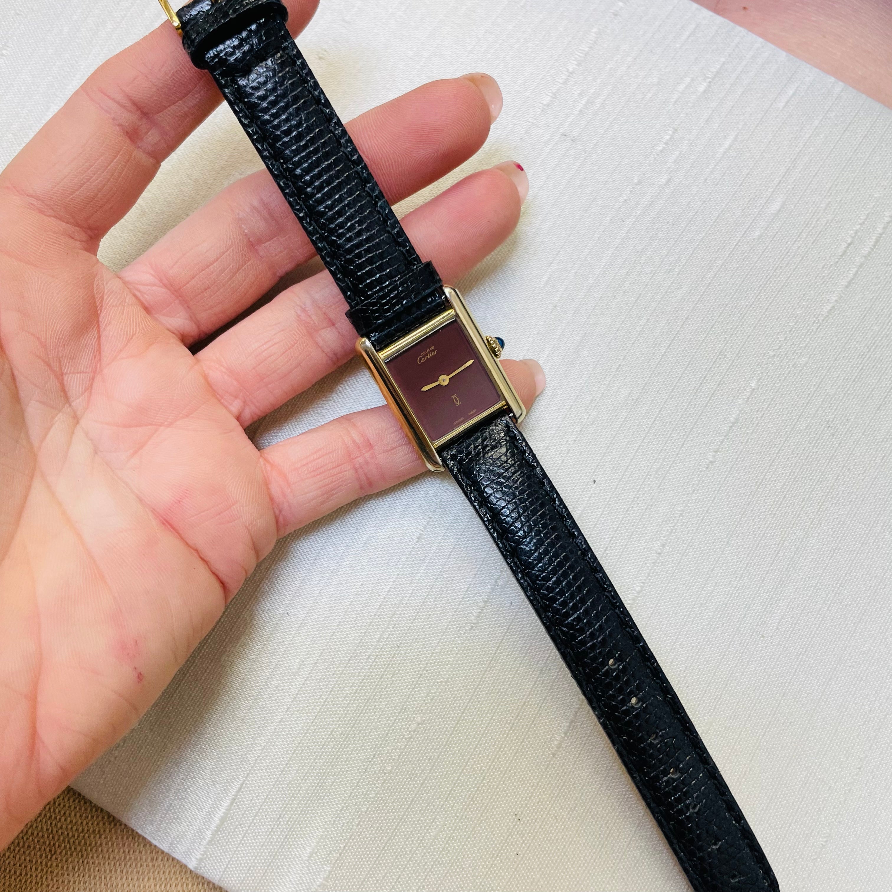 Must de Cartier Wine Face and Strap Tank Watch 23mm.
