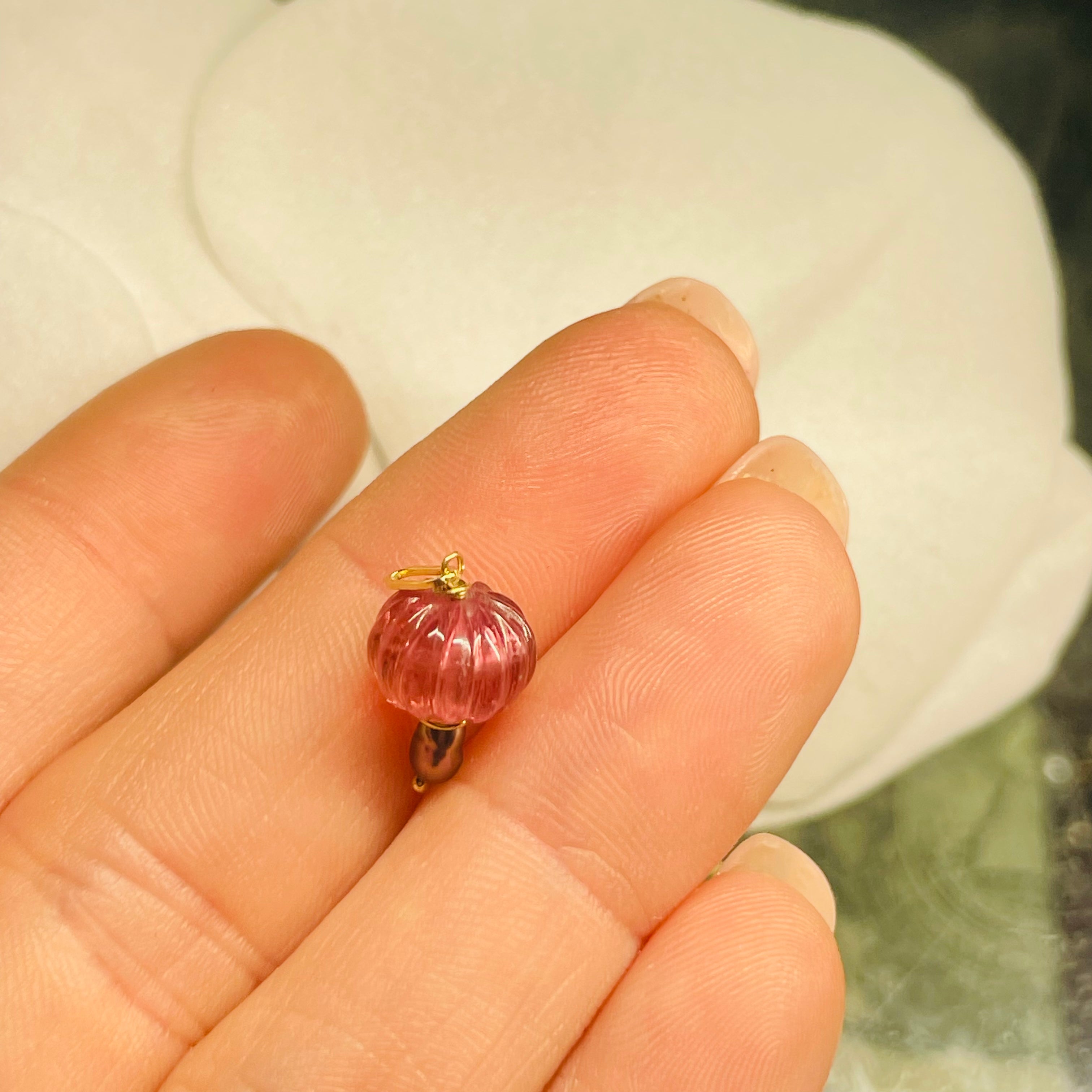 Pink Tourmaline Mushroom 14K Yellow Gold Pendant Charm