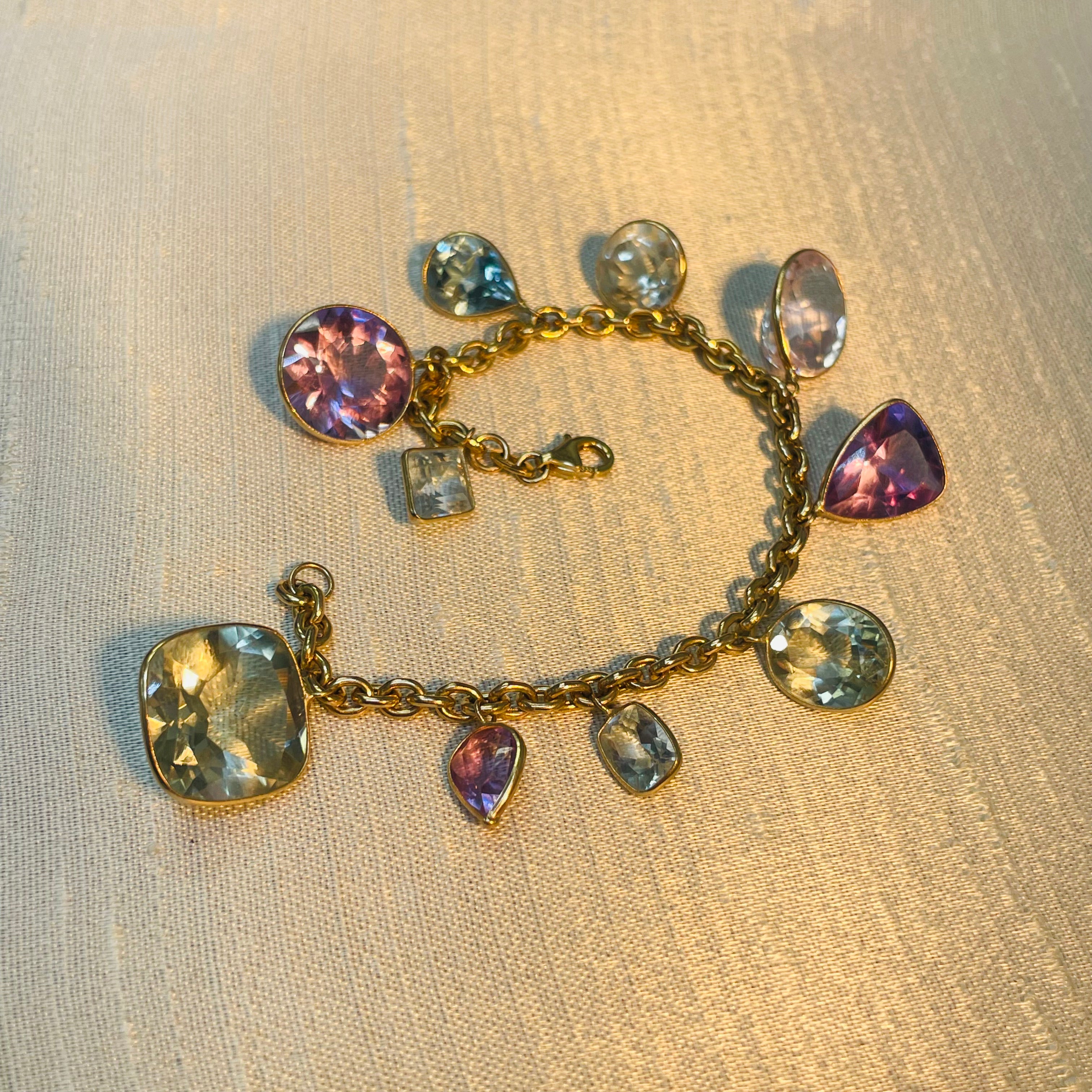 Therapeutic Pastel Natural Gem Charm 14K Yellow Gold Charm Bracelet 6.75"