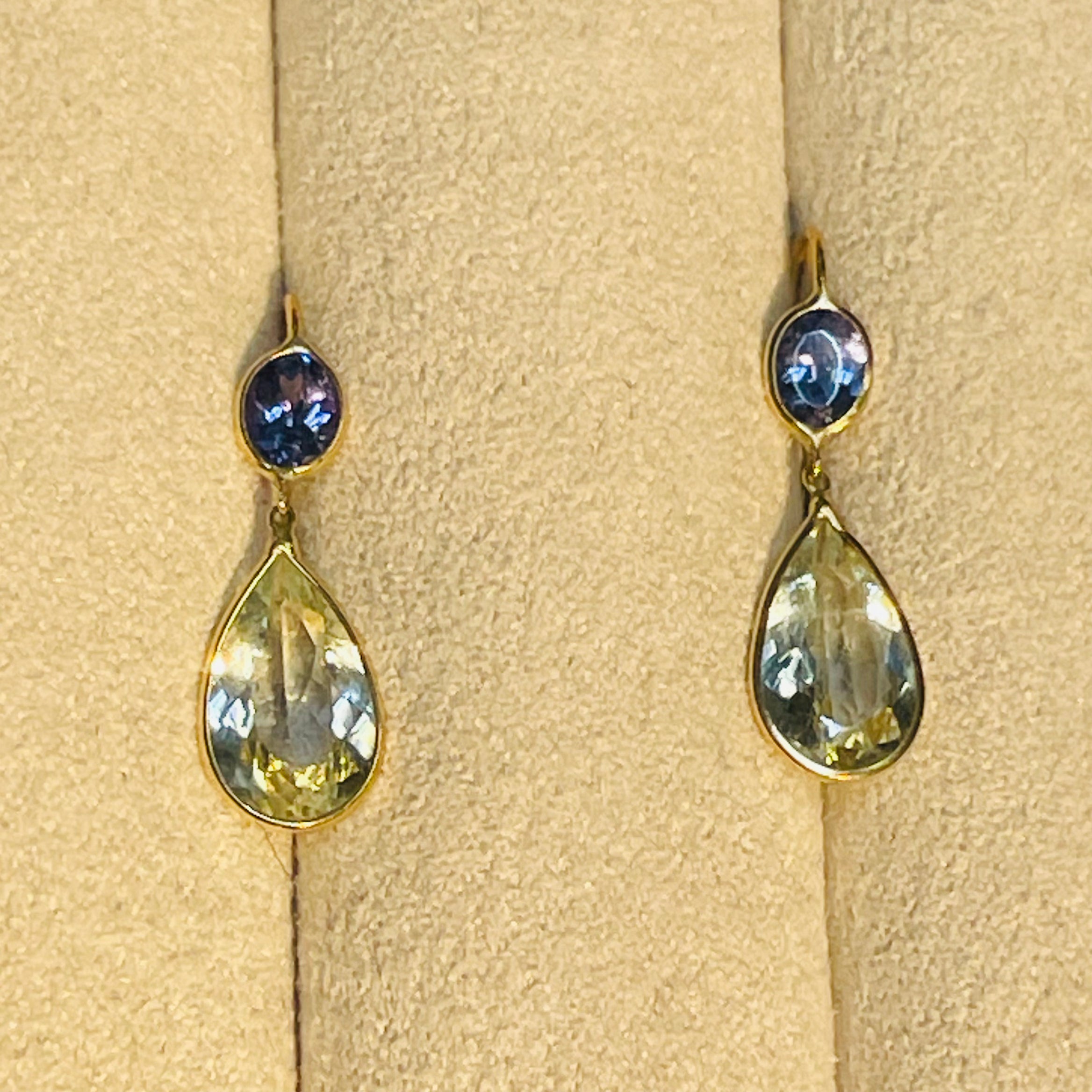 Tanzanite and Aquamarine 14K Yellow Gold Drop Earrings