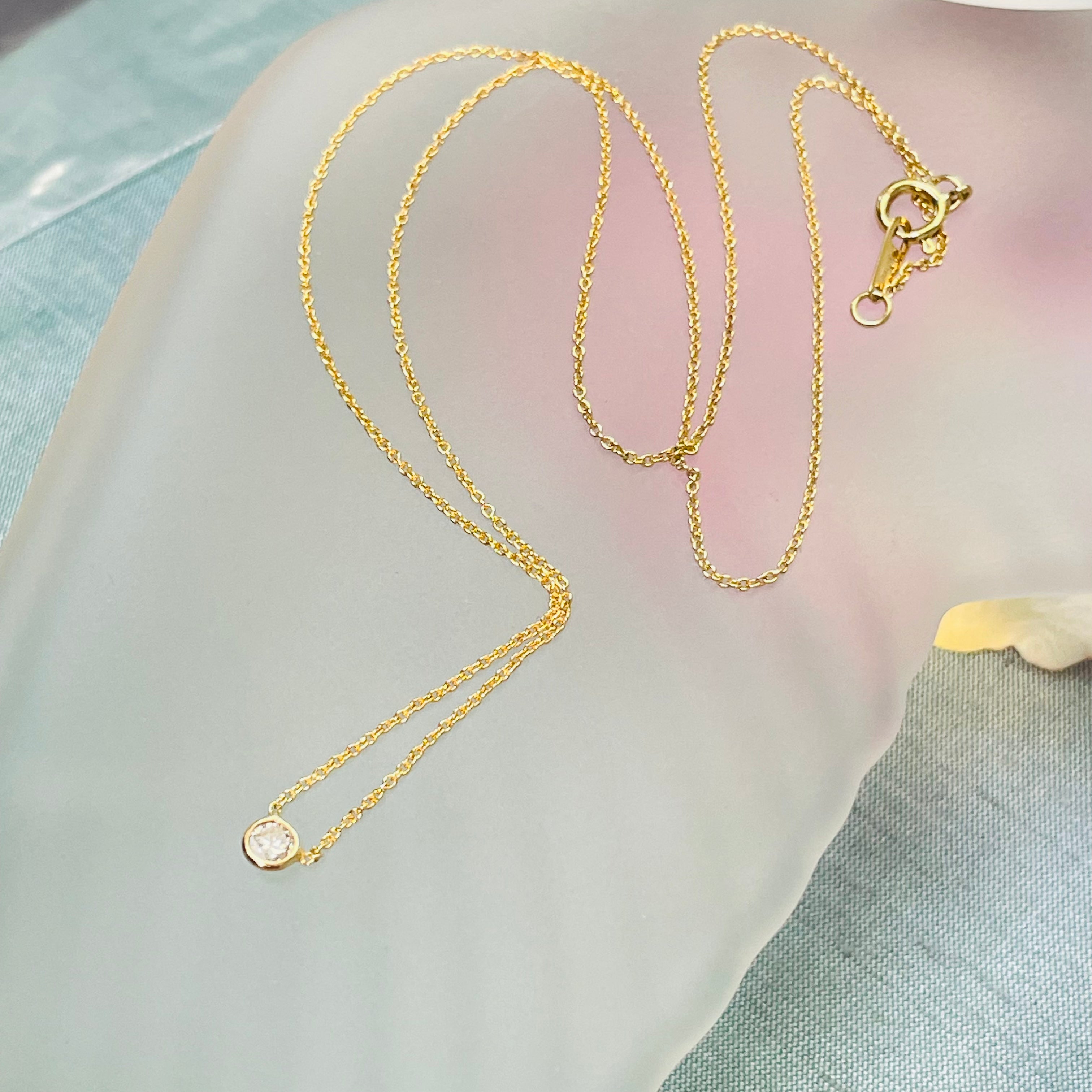 .15CT Natural Round Diamond 14K Yellow Gold Solitaire Necklace 18”