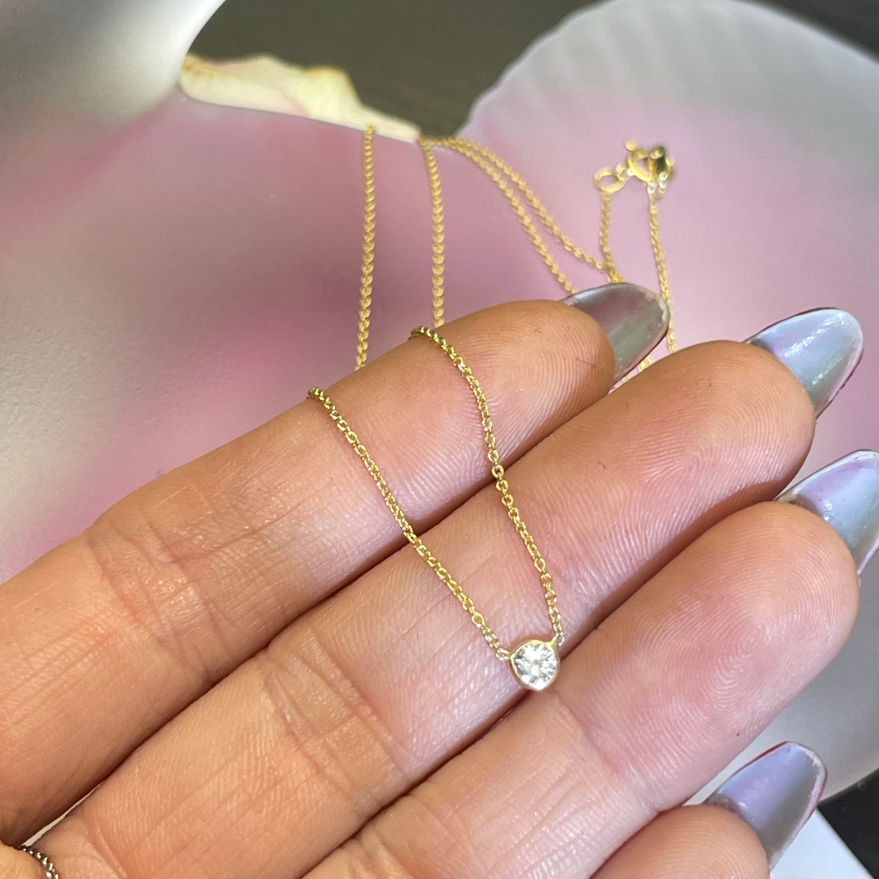 .15CT Natural Round Diamond 14K Yellow Gold Solitaire Necklace 18"