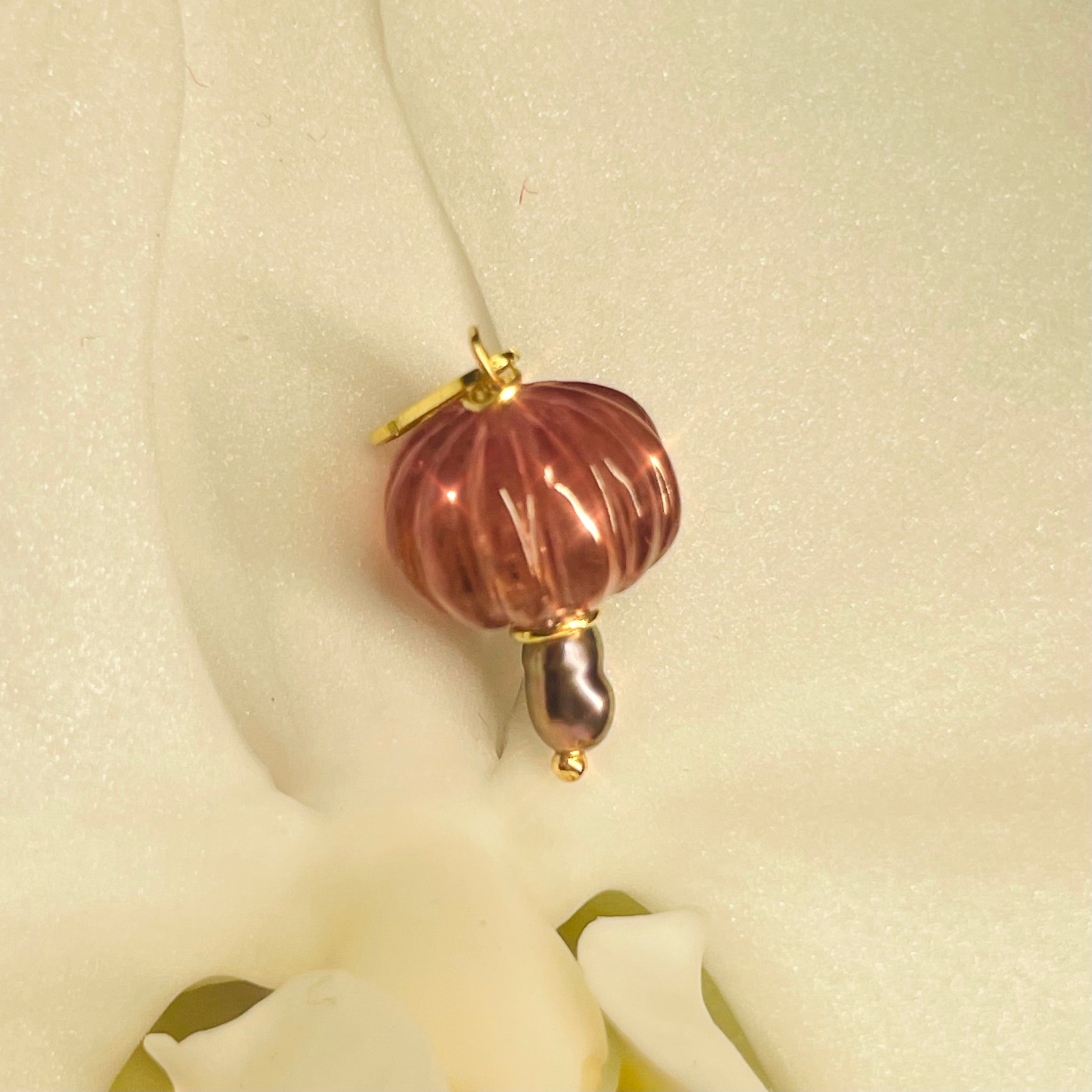 Pink Tourmaline Mushroom 14K Yellow Gold Pendant Charm