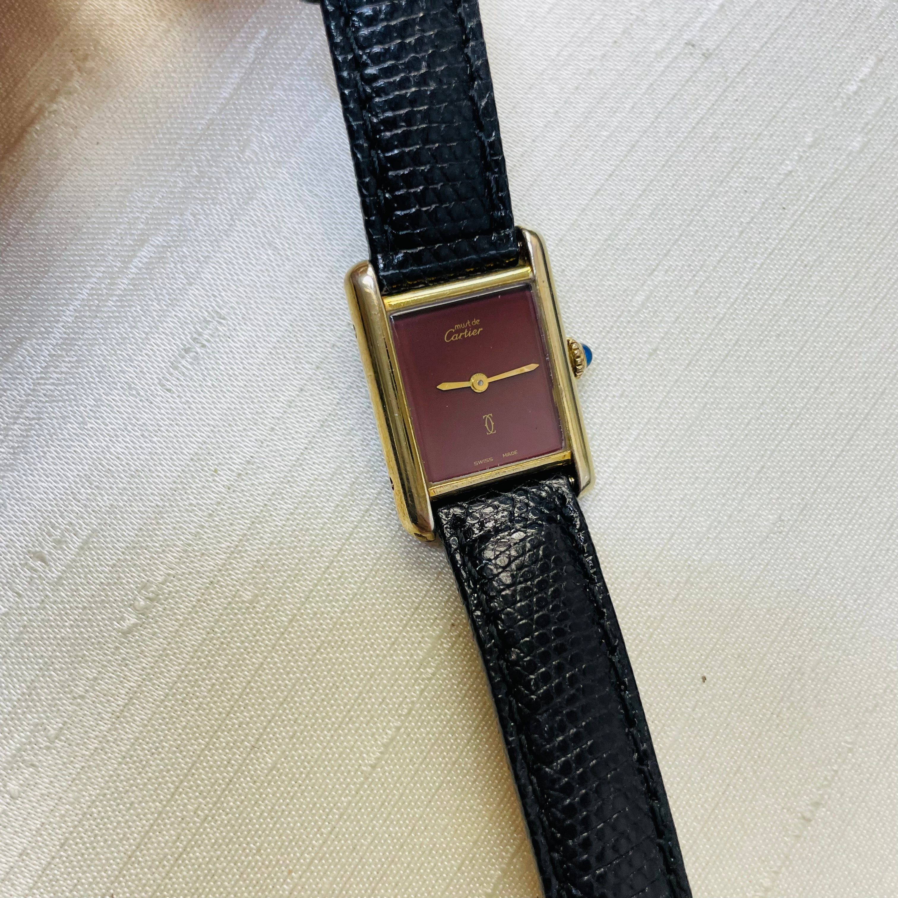 Must de Cartier Wine Face and Strap Tank Watch 23mm.