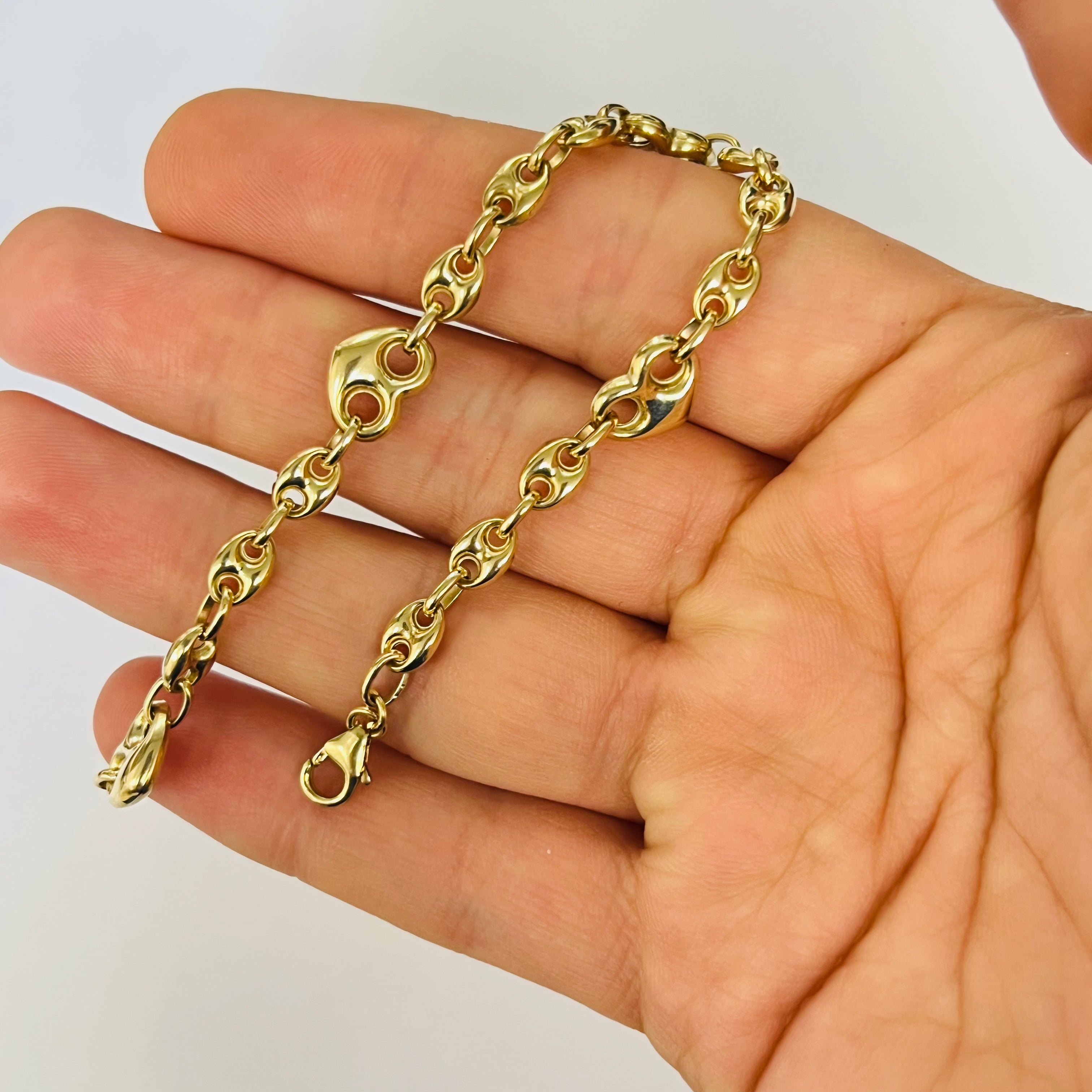 Puffy Heart 10K Yellow Gold Heart Link Bracelet