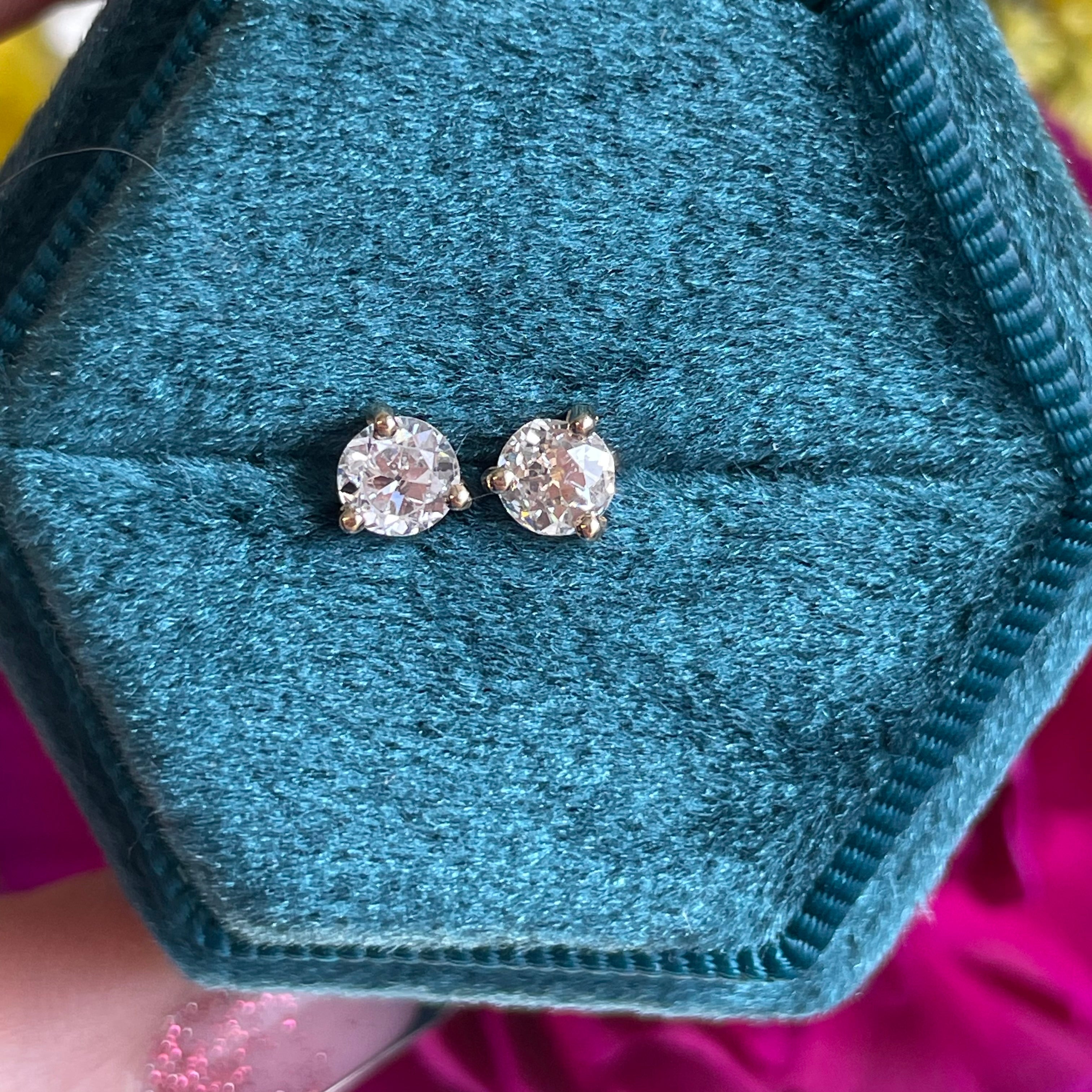 .64CTW Round Old Mine Diamond Stud Earrings 14K Yellow Gold