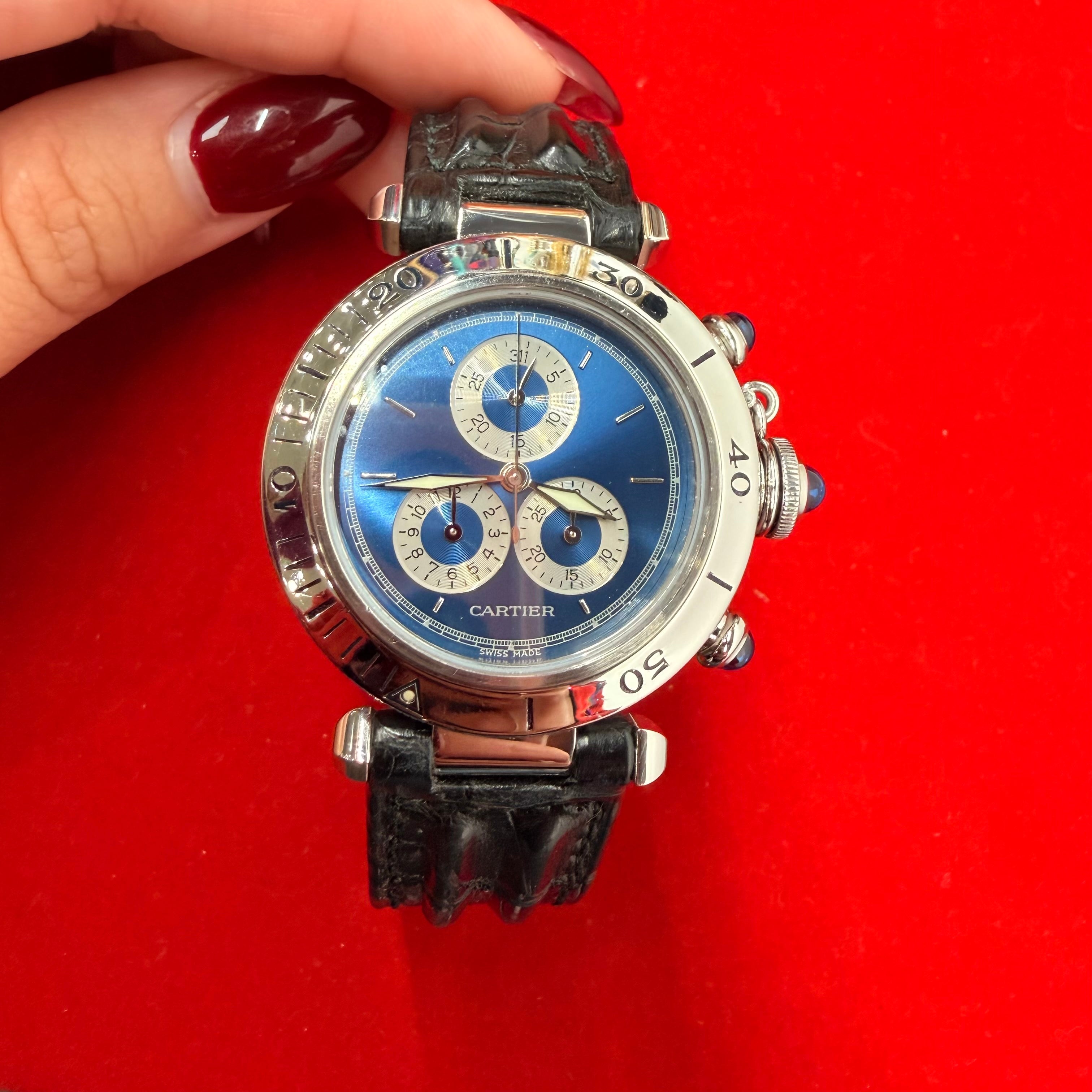 Cartier Pasha Chronograph Blue Dial Black Leather Band ref.1352 1