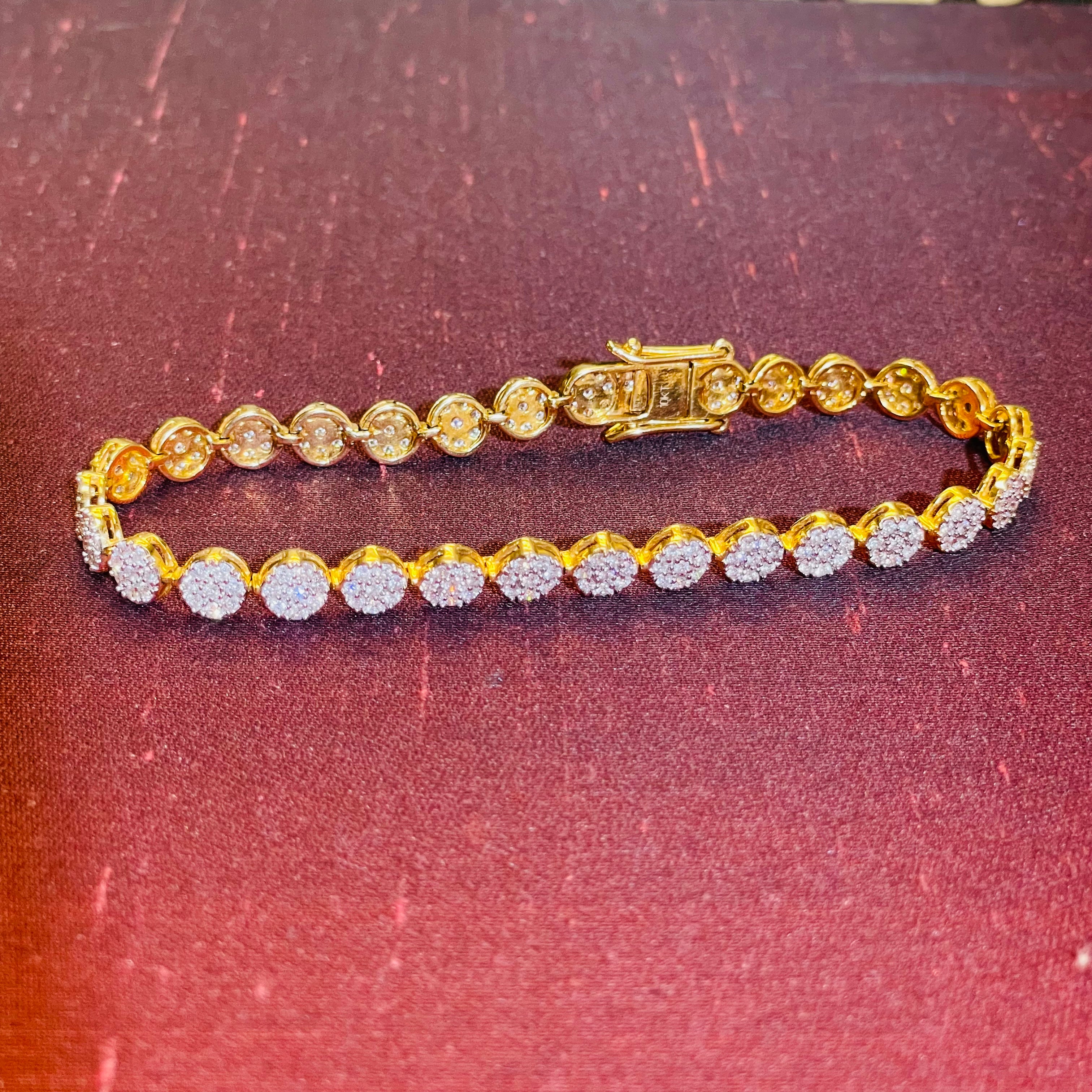 10K Yellow Gold 2.5CT Diamond Round Cluster Tennis Bracelet 8”