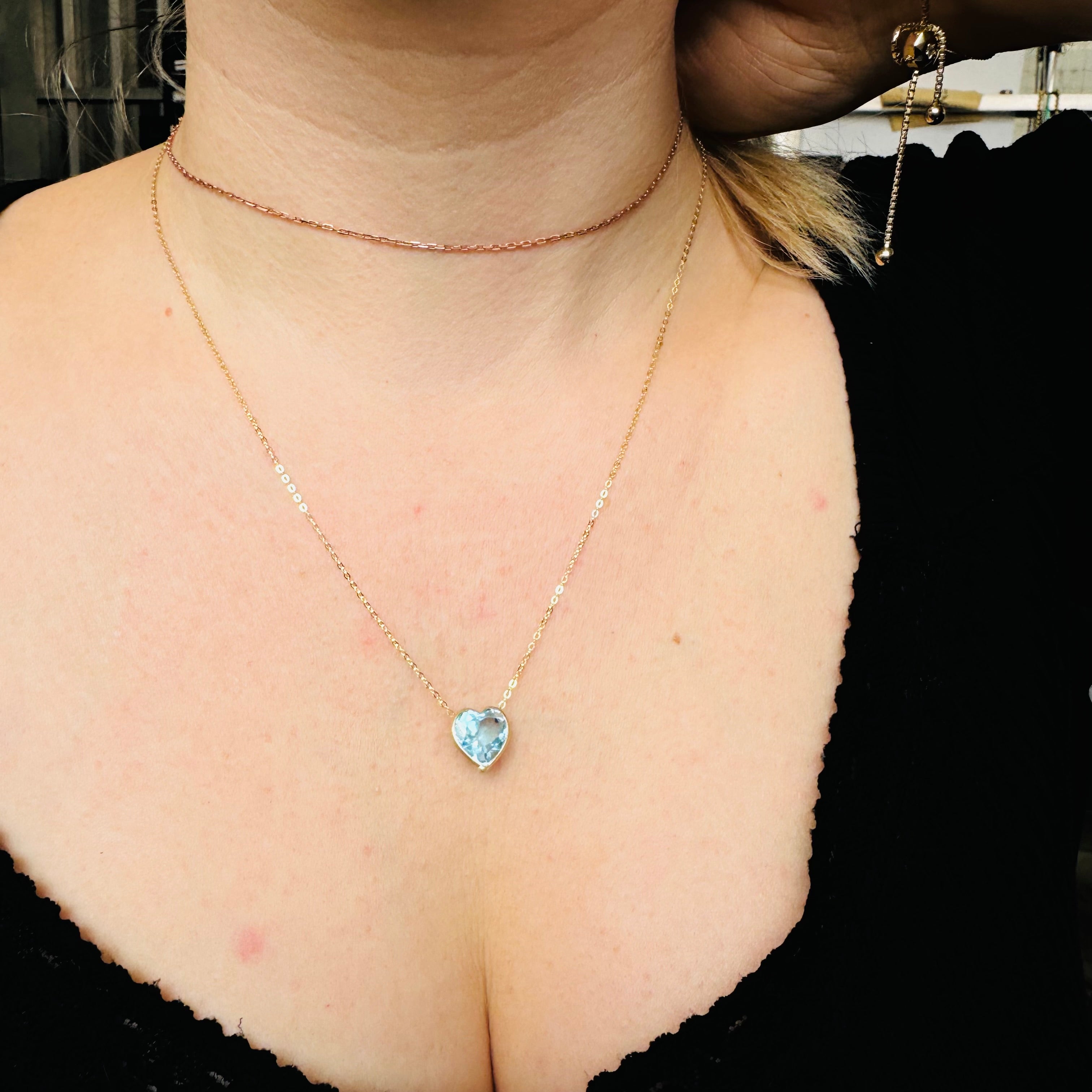 Natural Heart Blue Topaz 14K Yellow Gold Solitaire Necklace 16”- 18"