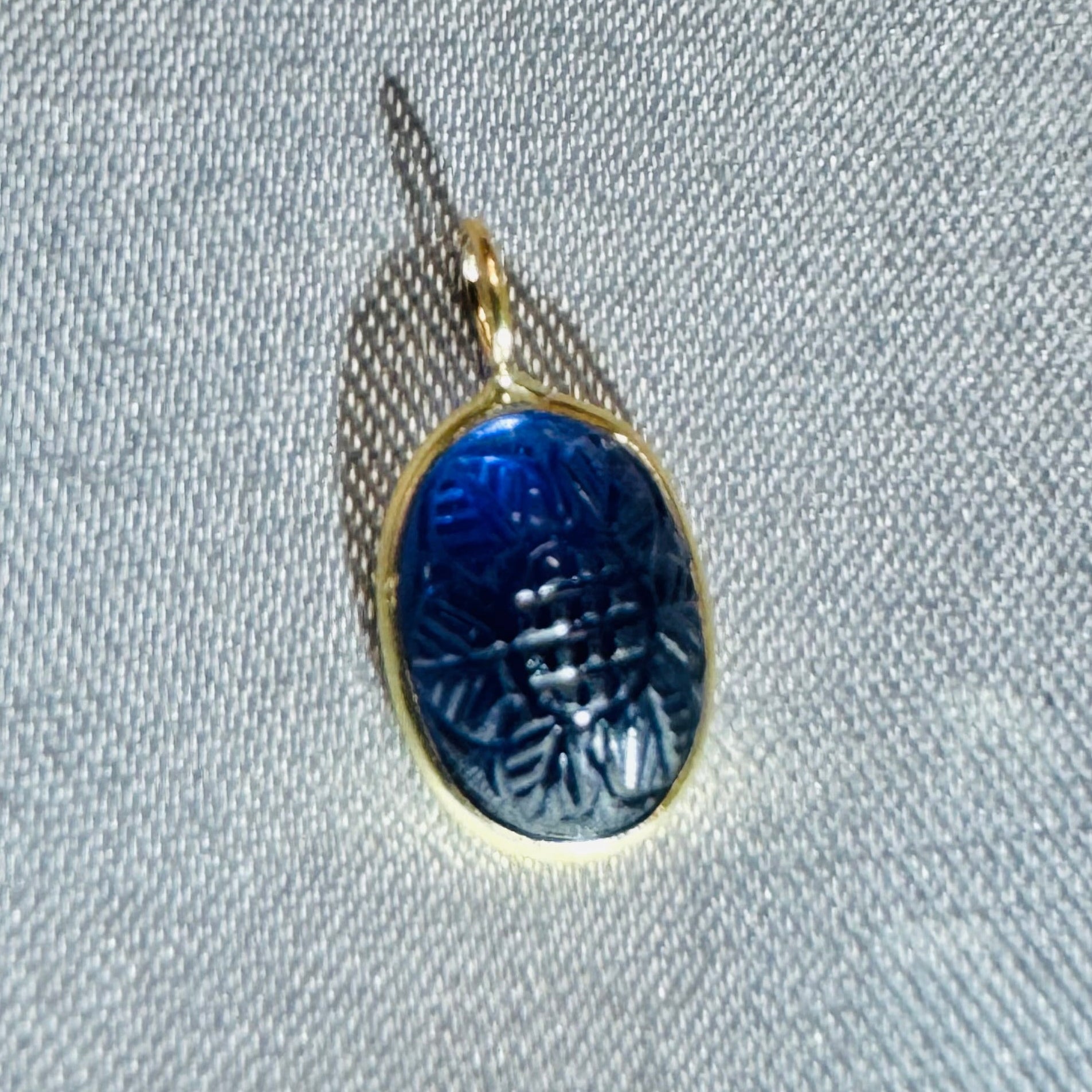 Carved Blue Iolite Pendant 14K Yellow Gold